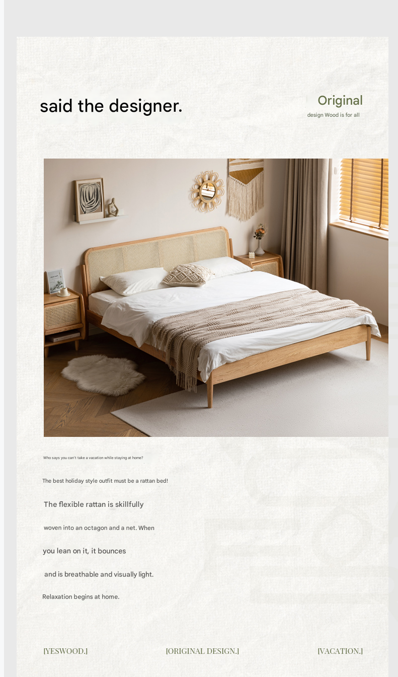 Solid Oak Wood Rattan Bed Frame - Queen Size, Natural Finish - Perfect for Bedroom, Guest Room & Farmhouse Decor