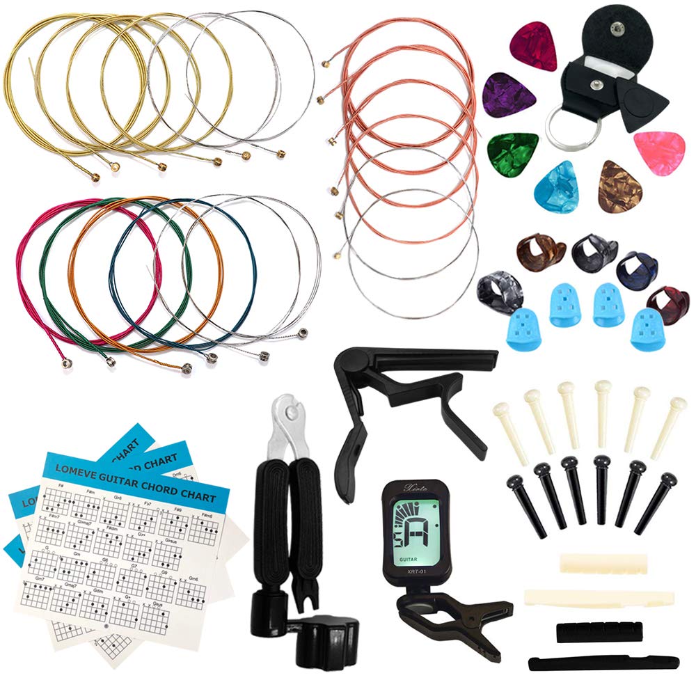 Premium 58-Piece Guitar Accessories Kit - Acoustic Strings, Tuner, Capo, 3-in-1 Restring Tool, Picks, Pick Holder, Bridge Pins, Nuts & Saddles, Finger Protector & Chord Chart | Complete Maintenance & Playing Solution for Beginners & Professionals | Perfect for Home Practice, Studio Sessions & Live Performances