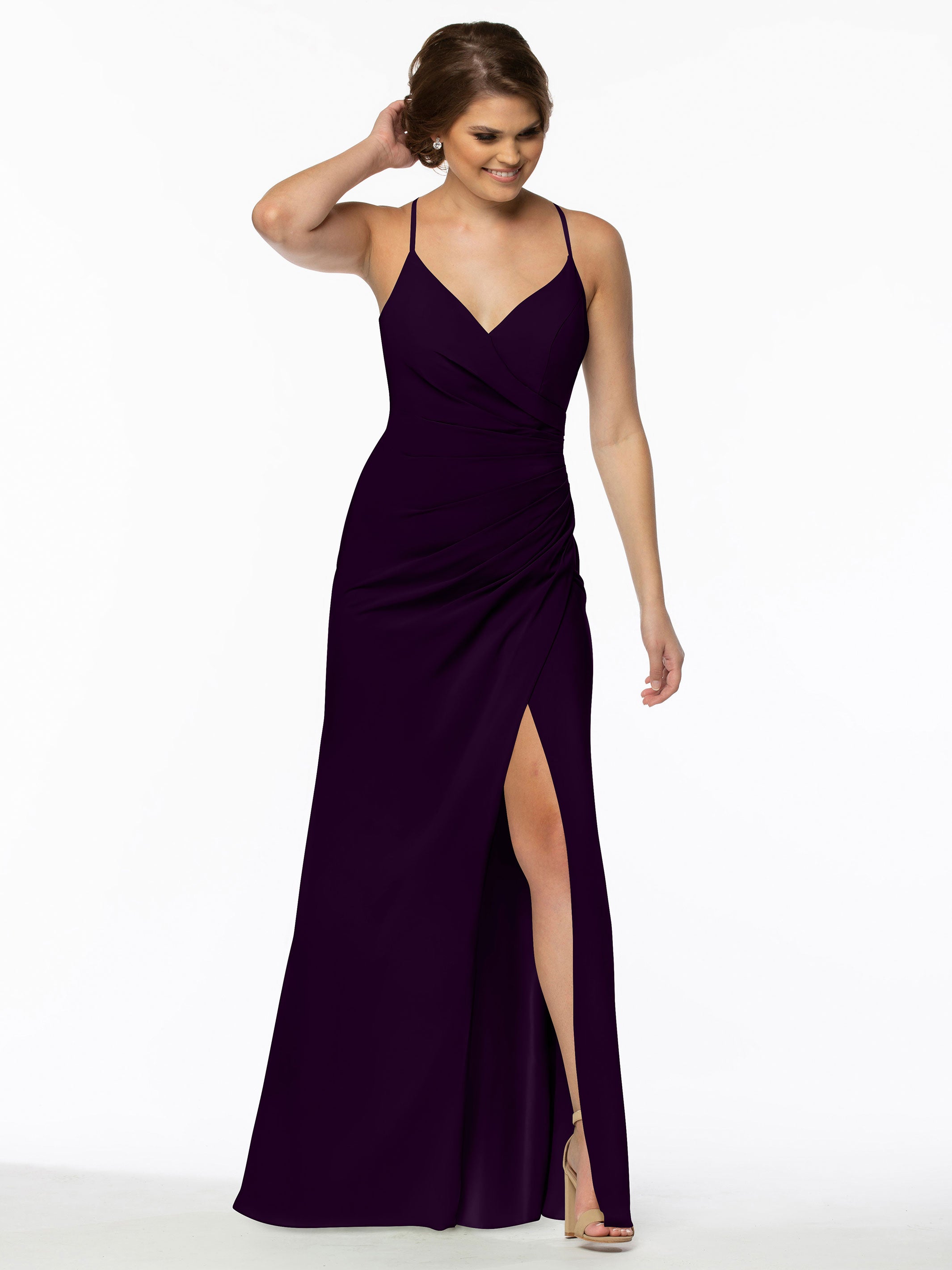 Elegant 80114 Stretch Chiffon Sheath Bridesmaid Dress with Ruching and High Slit - Perfect for Weddings, Formal Events & Evening Parties