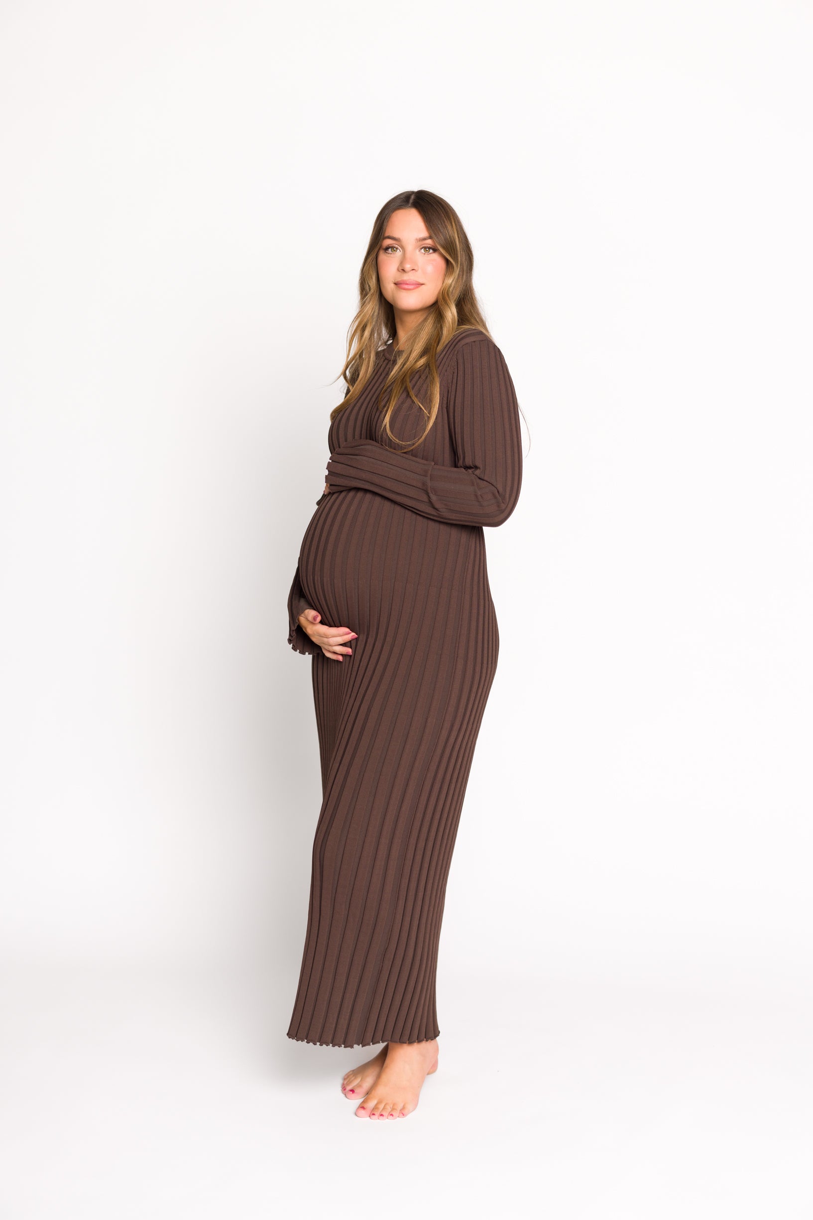 Colette Premium Long Sleeve Ribbed Knit Maxi Dress - Brown Maternity Dress for Pregnancy | Bump Friendly, Comfortable & Stylish for Casual Outings, Date Nights & Special Occasions