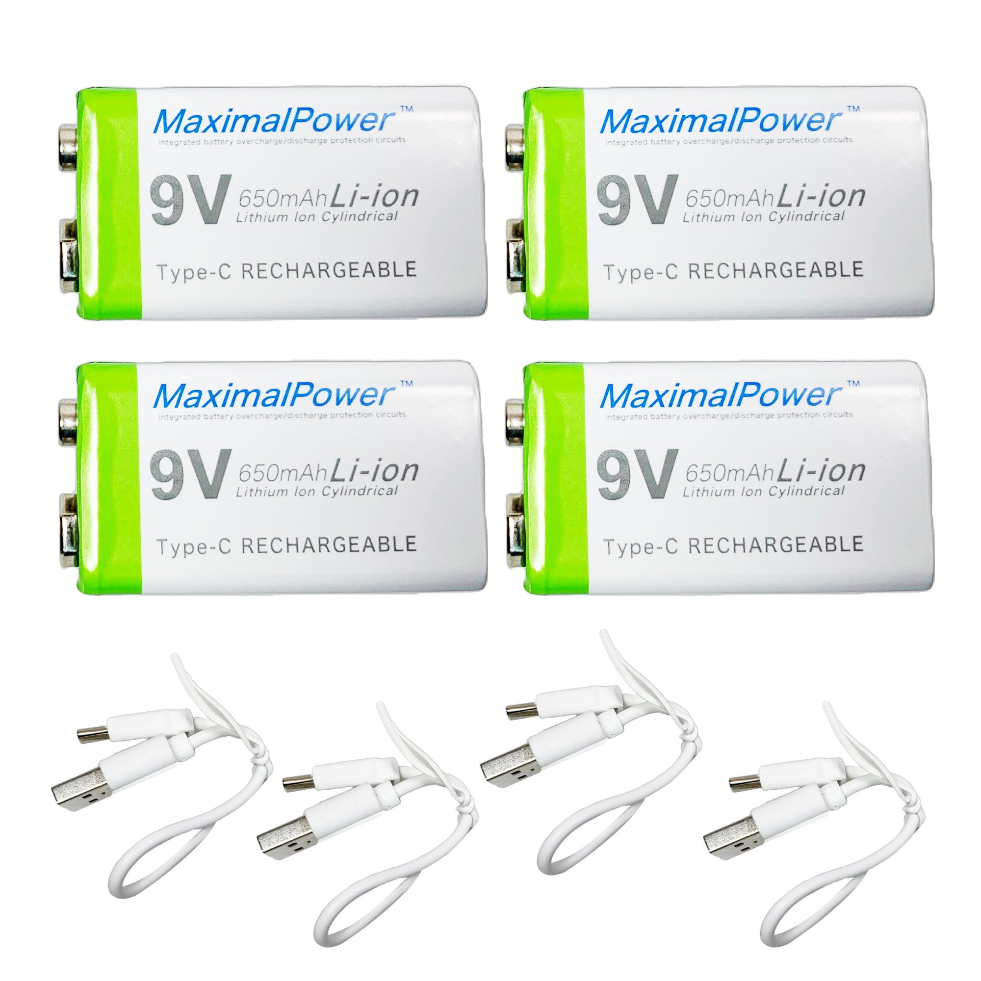 9V 650mAh Rechargeable Lithium Ion Battery with USB Type C Cable - Power for Guitar Pedals, Smoke Detectors & Electronic Devices