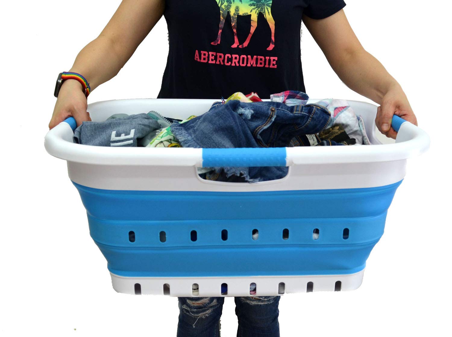 Sammart 41L Foldable Laundry Basket with 3 Handles - Collapsible Storage Organizer for Clothes, Toys & Home Essentials - Portable & Space Saving Hamper (White/Sky Blue) - Perfect for Dorm, Apartment & Travel Use