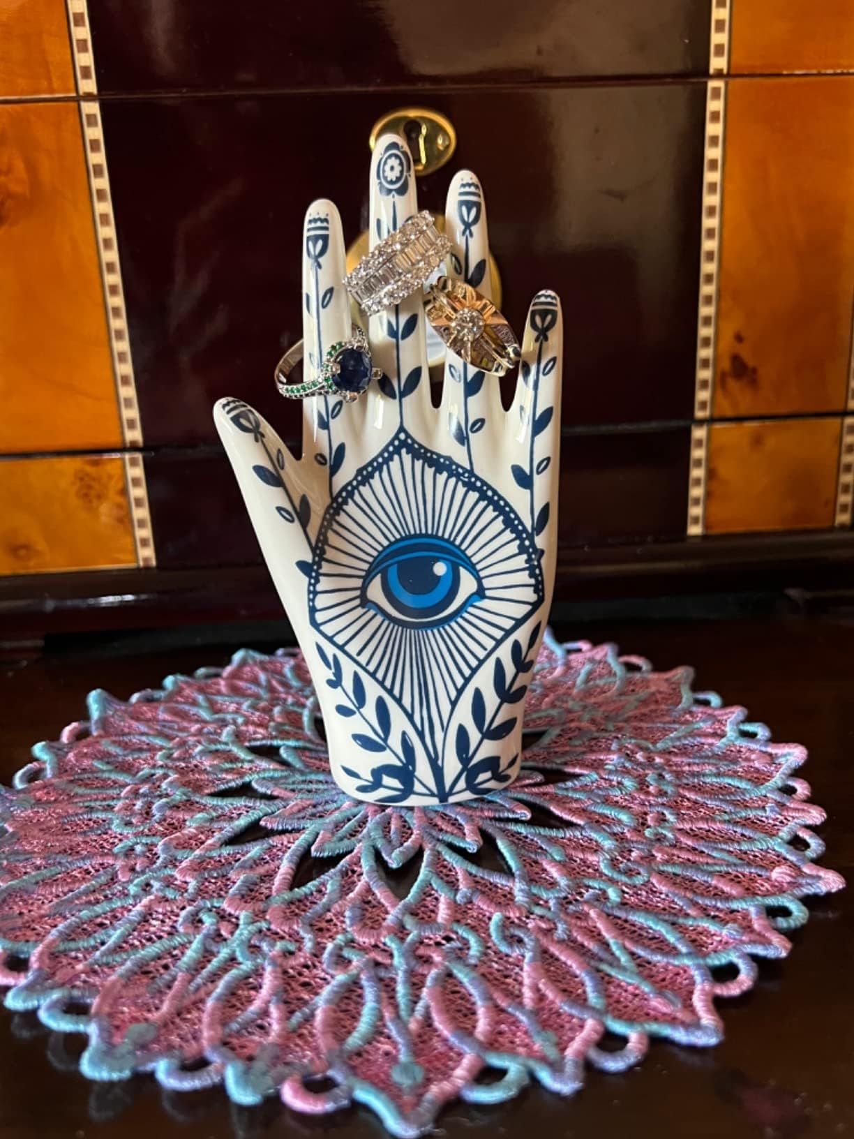 Hamsa Hand Ring Holder with Blue Evil Eye - Boho Decor Ring Stand & Organizer for Bathroom, Bedroom, Vanity - Aesthetic Room Decor, Preppy Home Gifts for Women - Perfect for Yoga Studios, Meditation Spaces & Spiritual Decor