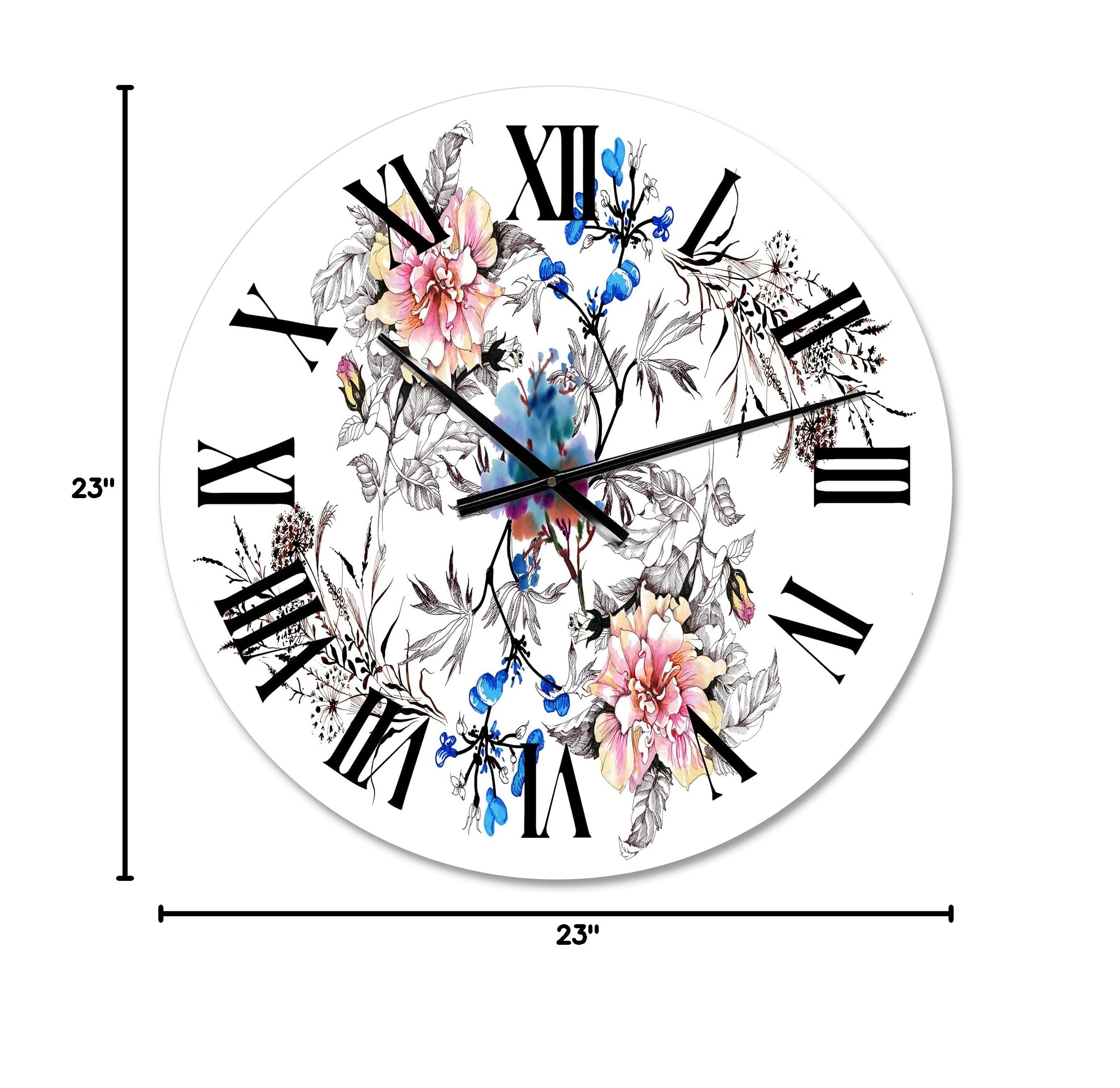 Blue and Pink Wildflowers Large Wall Clock - Traditional Floral & Botanical Decor for Living Room, Bedroom, Office | Silent Non-Ticking Home Decor