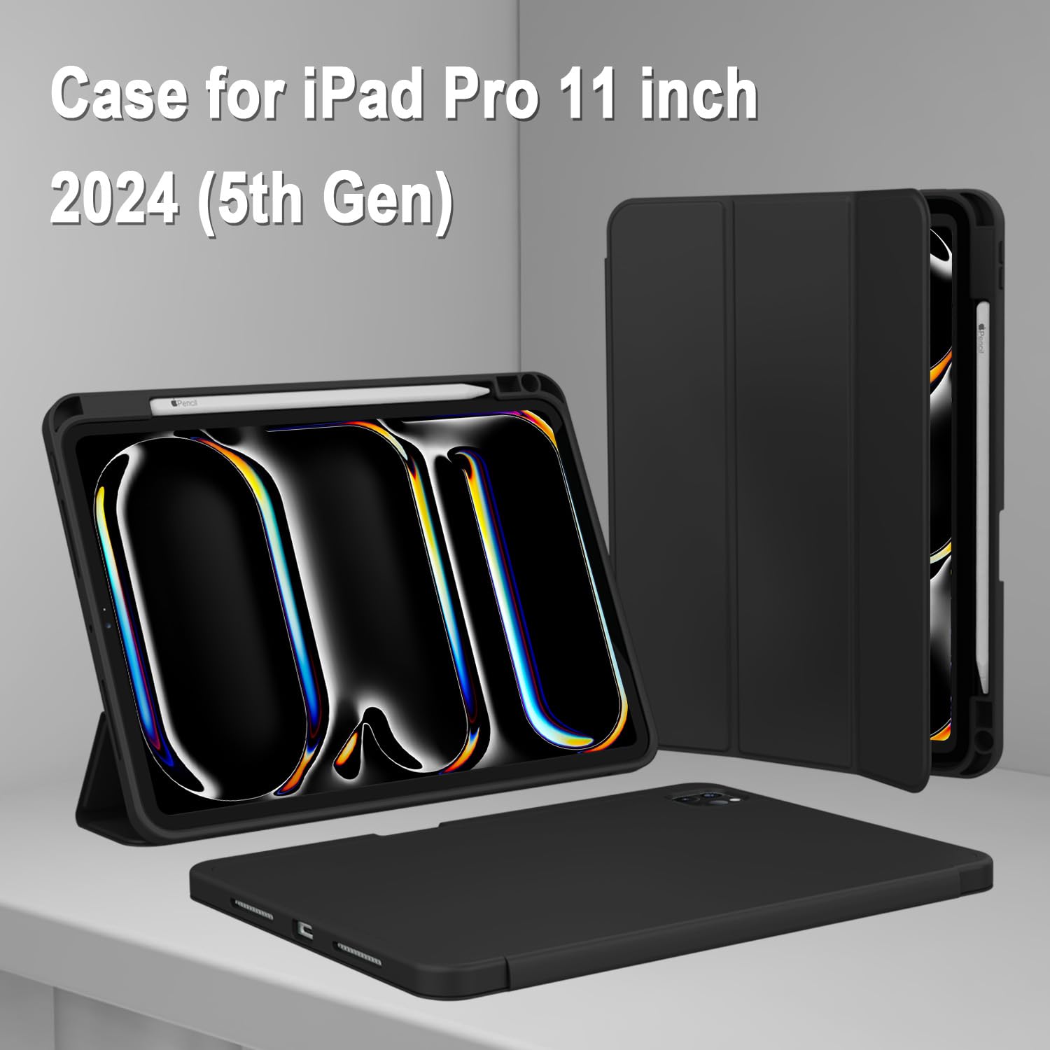 ZryXal 2024 iPad Pro 11 Inch Case M4 (5th Gen) - Premium Smart Cover with Apple Pencil Holder, Compatible with Pencil Pro, Supports Touch ID & Auto Wake/Sleep - Protective Slim Fit Case for Work, Study & Travel (Black)