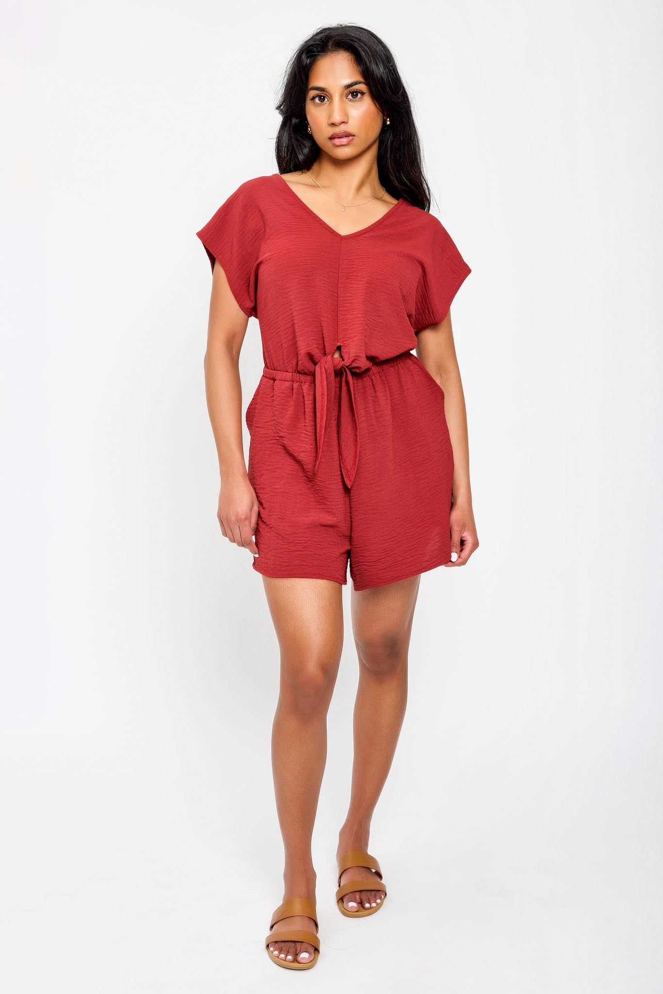 Dolman Sleeve V Neck Romper with Tie Front Detail - Women's Casual Jumpsuit for Summer, Beach, and Vacation Outfits