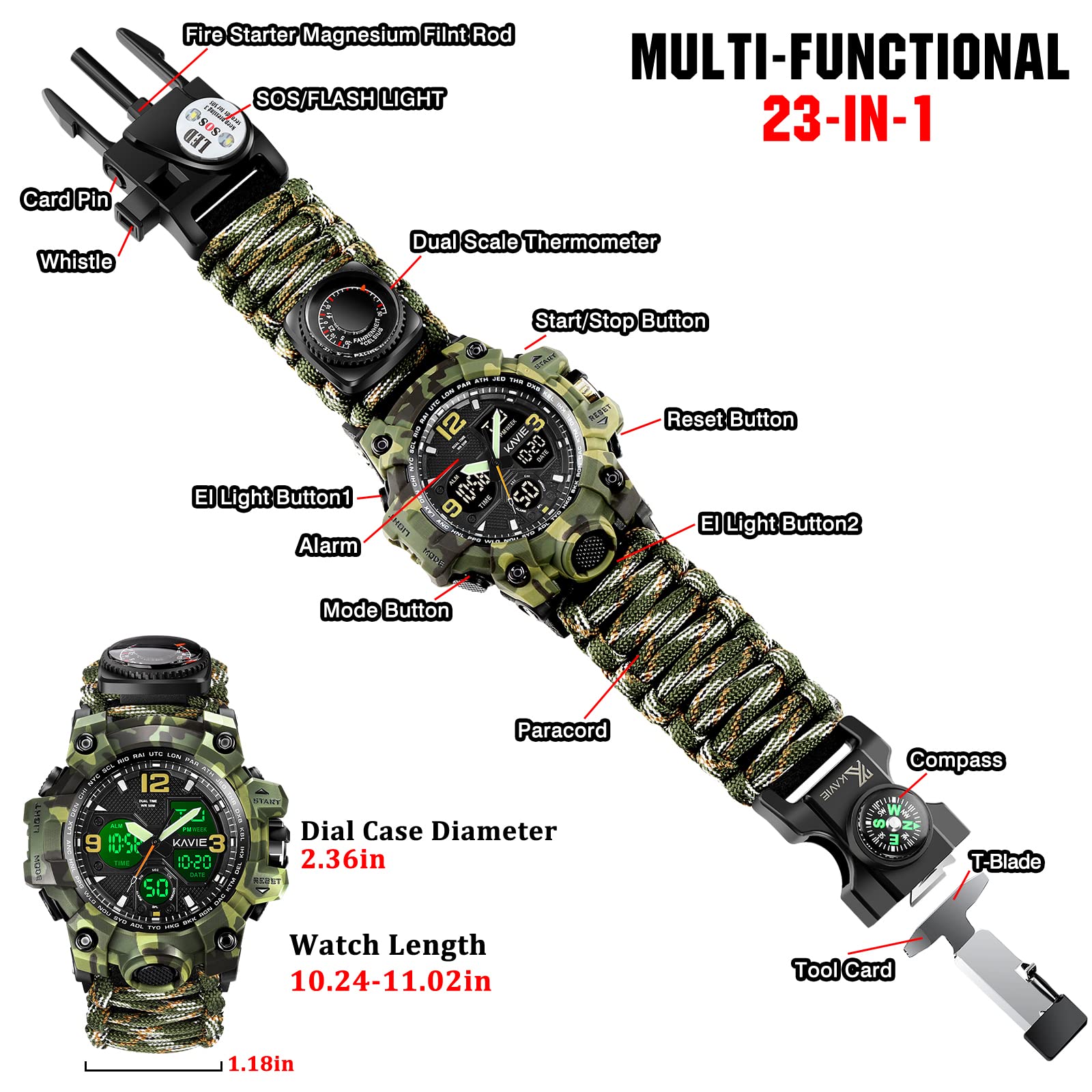 23-in-1 Survival Military Digital Watch for Men - Tactical Multi-Functional Outdoor Sports Watch with Compass, Paracord Band, Waterproof & Adjustable Wristband - Perfect for Hiking, Camping, Hunting and Adventure Activities