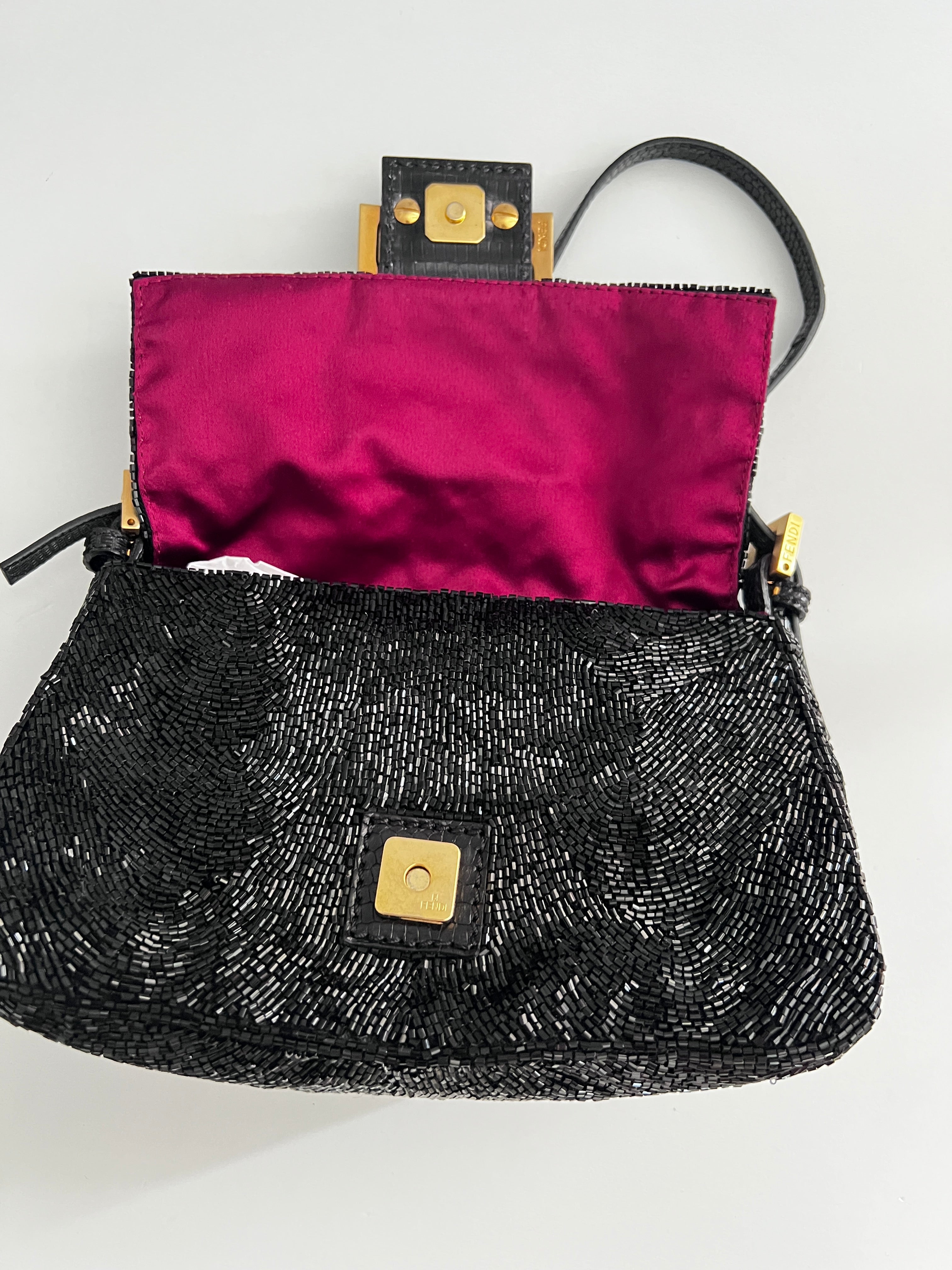 Fendi Black Beaded Mini Mamma Baguette Handbag - Genuine Lizard Skin Trim Luxury Crossbody Purse for Women | Perfect for Evening Parties, Date Nights & Special Occasions