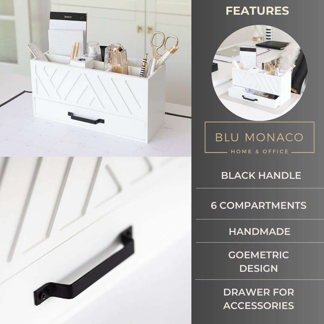 BLU MONACO White Wooden Pen Holder with 6 Compartments & Drawer - Stylish Desk Organizer for Pens, Markers, Pencils & Office Supplies - Perfect for Home Office, School Desk & Workspace Organization