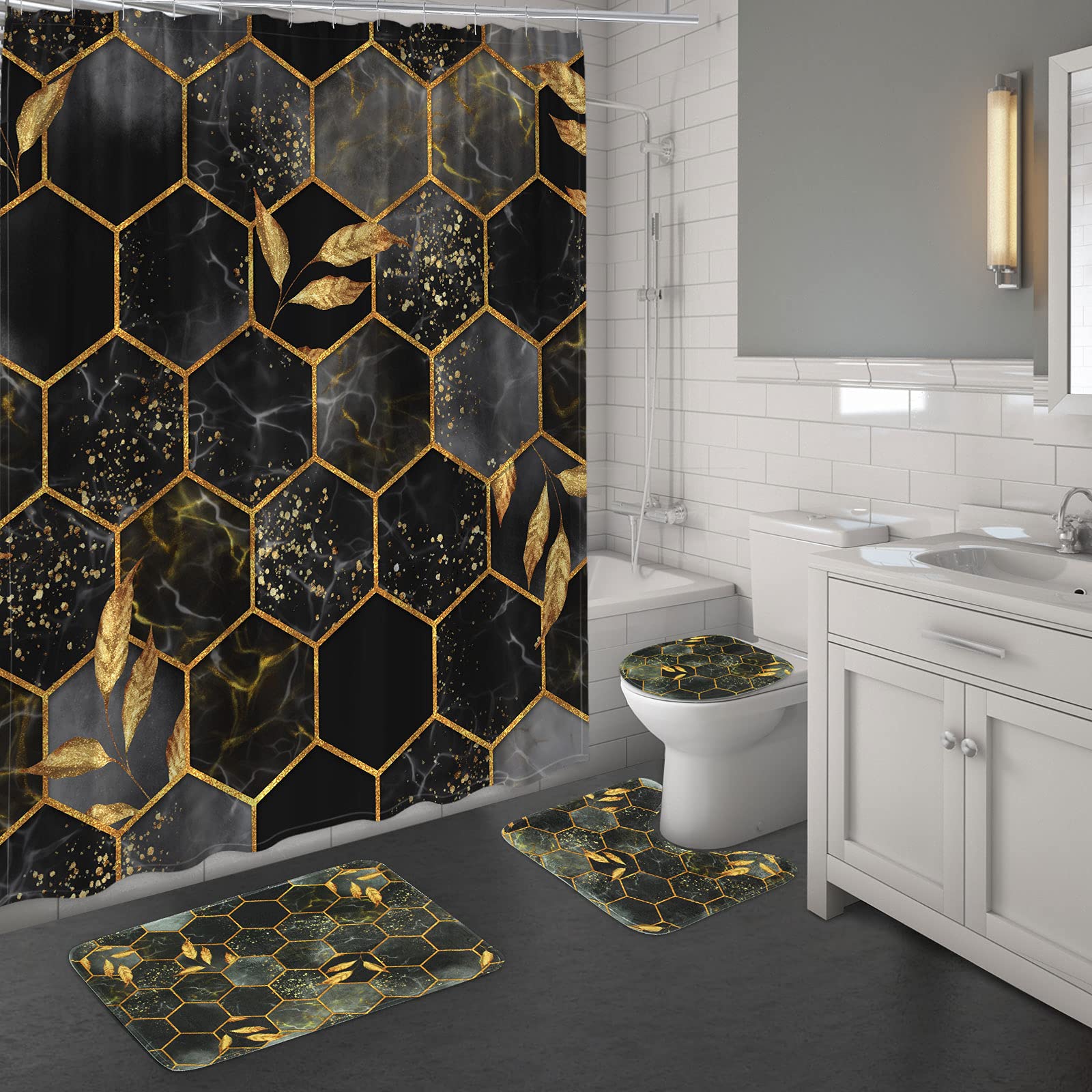 4-Piece Black & Gold Marble Shower Curtain Set with Matching Bath Rugs - Modern Geometric Bathroom Decor for Luxury Spa Experience - Waterproof Polyester Fabric for Home & Hotel Use