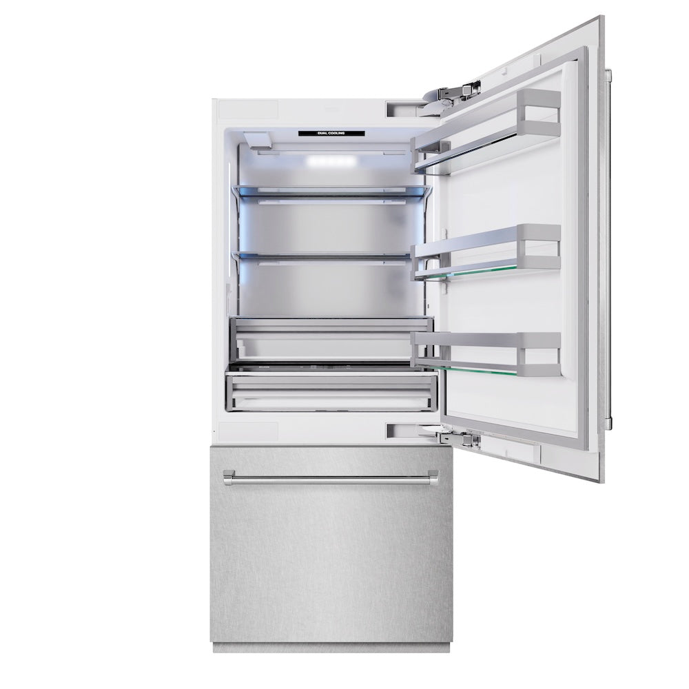 ZLINE 36 Inch 19.8 cu ft Built-In Bottom Freezer Refrigerator with Water Dispenser & Ice Maker - Satin Stainless Steel (RBIT SN 36) - Perfect for Modern Kitchens & Open Concept Homes