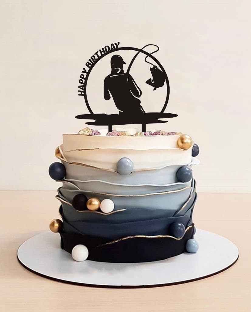Funny Fishing Happy Birthday Cake Topper - Fisherman Birthday Party Decorations for Outdoor Gone Fishing Themed Parties - Perfect for Boys and Girls Birthday Celebrations | Great for Fishing Enthusiasts, Outdoor BBQs, and Themed Birthday Parties