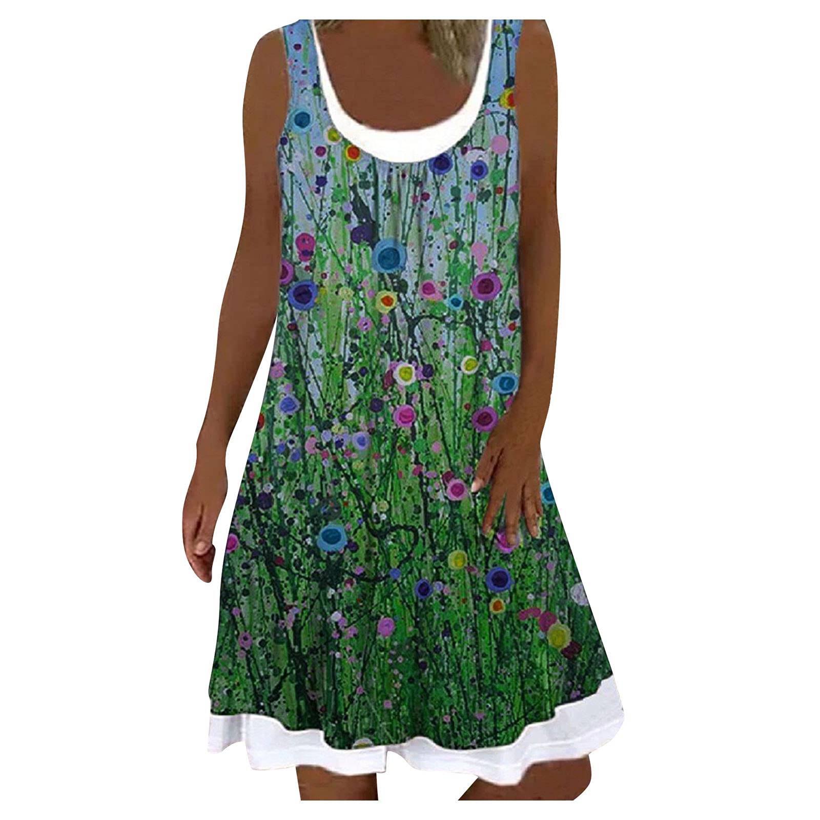 Sixpi Women's Floral Print Sleeveless Bohemian Maxi Dress - Casual Summer Beach Dress with Fake Two-Piece Design, O-Neck Long Dress for Vacation, Party & Daily Wear (Green)