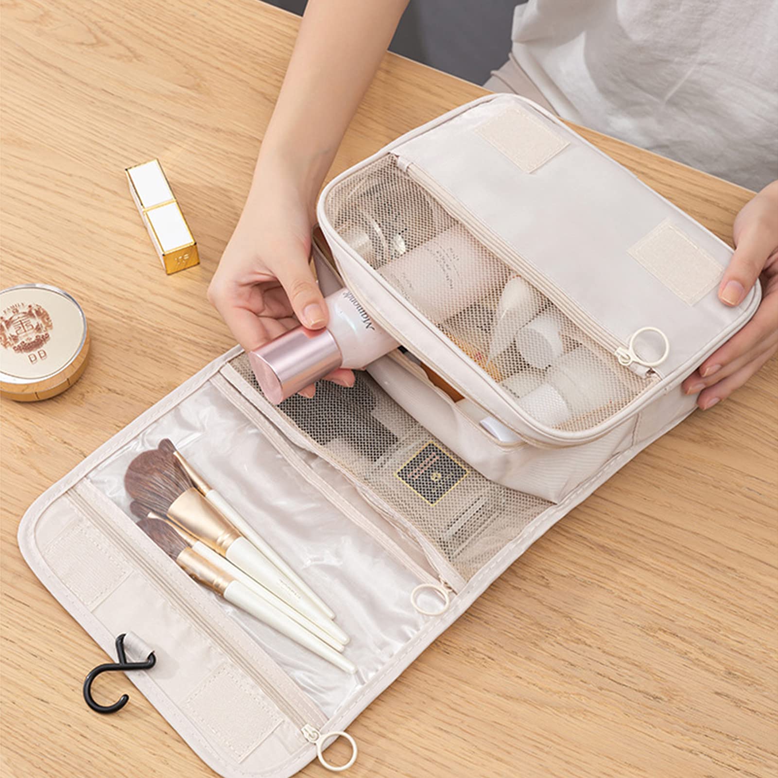Hanging Toiletry Bag for Women - Travel Size Cosmetic Organizer with Hook - Waterproof Makeup Bag for Bathroom Storage & Travel Accessories - Perfect for Camping, Gym, and Vacation Trips (Beige)