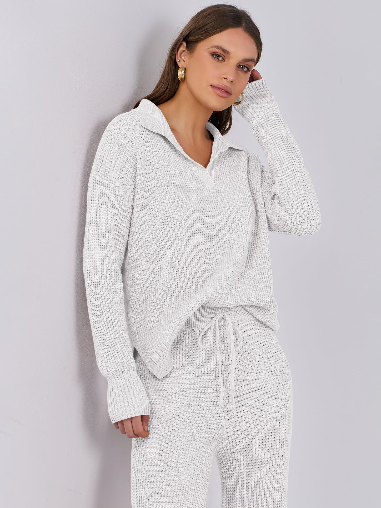 ANRABESS Women's Two Piece Outfits - Waffle Knit Sweater & Wide Leg Pants Lounge Set | Soft Matching Tracksuit for Women | Cozy Fall Winter Loungewear, Casual Outfit, Home Wear & Street Style Fashion