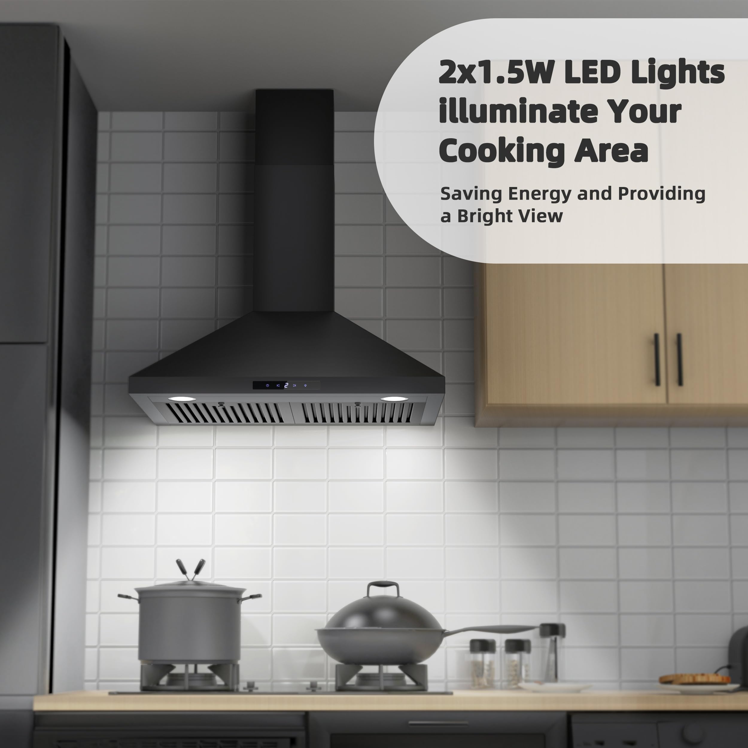FIREGAS 30-inch Black Convertible Wall Mount Range Hood - 450 CFM Kitchen Vent Hood with Brushless Motor, 9-Speed Fan, LED Lights & Permanent Filters - Ideal for Home Kitchens, Restaurants & Cooking Spaces