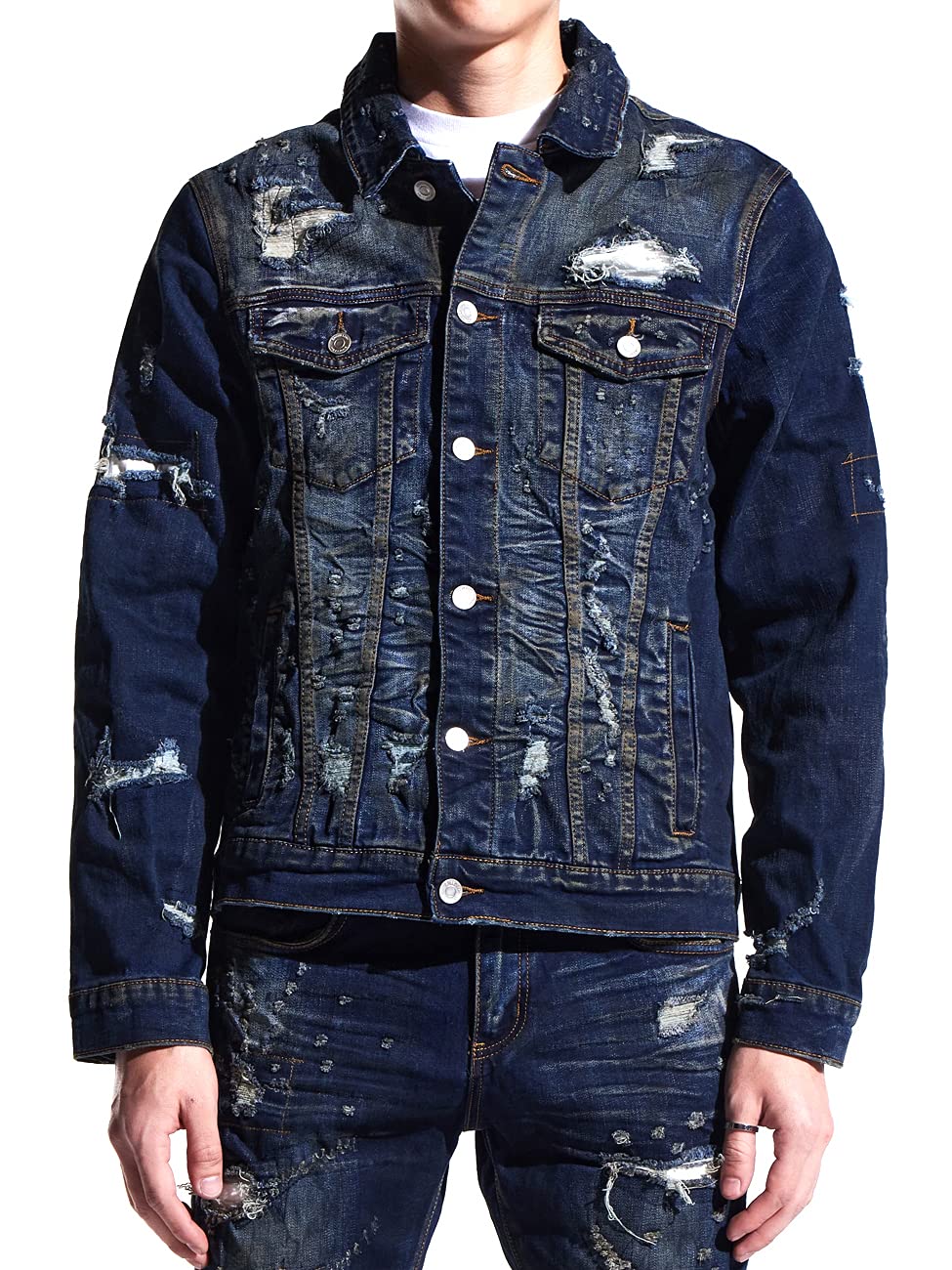 Embellish Ambrose Men’s Distressed Washed Denim Jacket - Dark Indigo Slim Fit Vintage Style for Casual Wear & Outdoor Activities