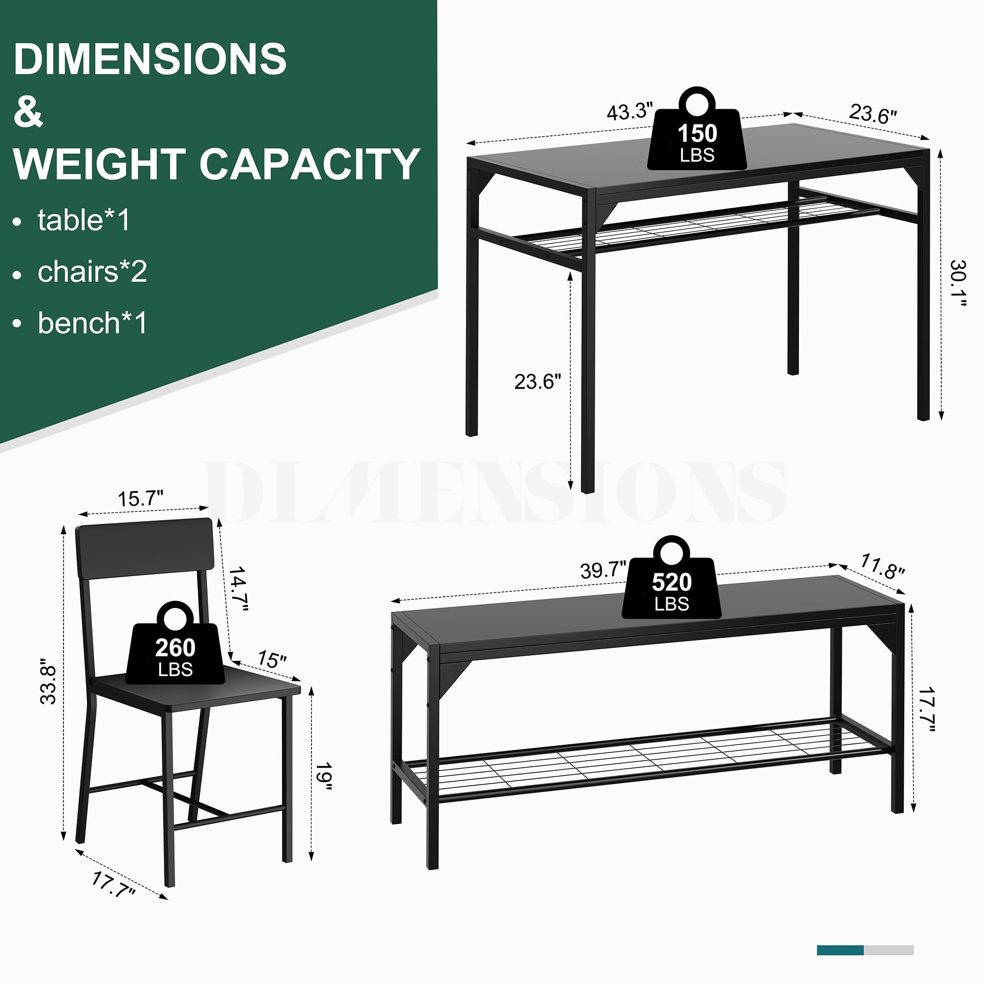 Shintenchi 4-Piece Kitchen Dining Set with Table, Bench, Chairs & Storage Rack - Space-Saving Metal Frame Design for Small Apartments - Perfect for Breakfast Nooks, Compact Kitchens and Cozy Dining Areas (Black)