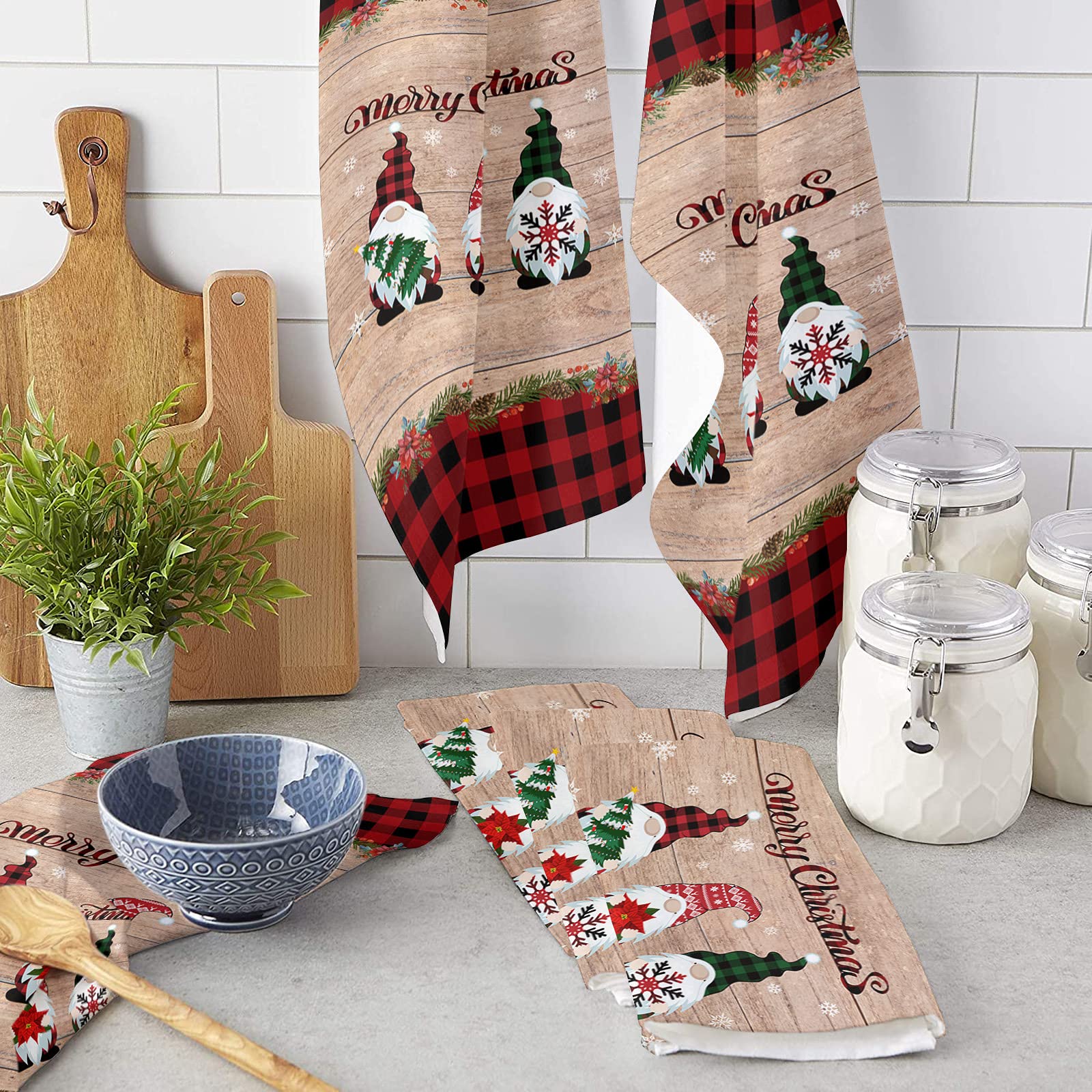 Christmas Kitchen Towels Set of 2 - Merry Christmas Buffalo Plaid Farmhouse Dish Cloths with Gnomes, Snowflakes & Pine Tree Designs - 16x28 Inch Super Soft Absorbent Cotton Tea Towels, Bar Towels & Hand Towels - Perfect for Holiday Decor, Dish Drying & Kitchen Cleaning
