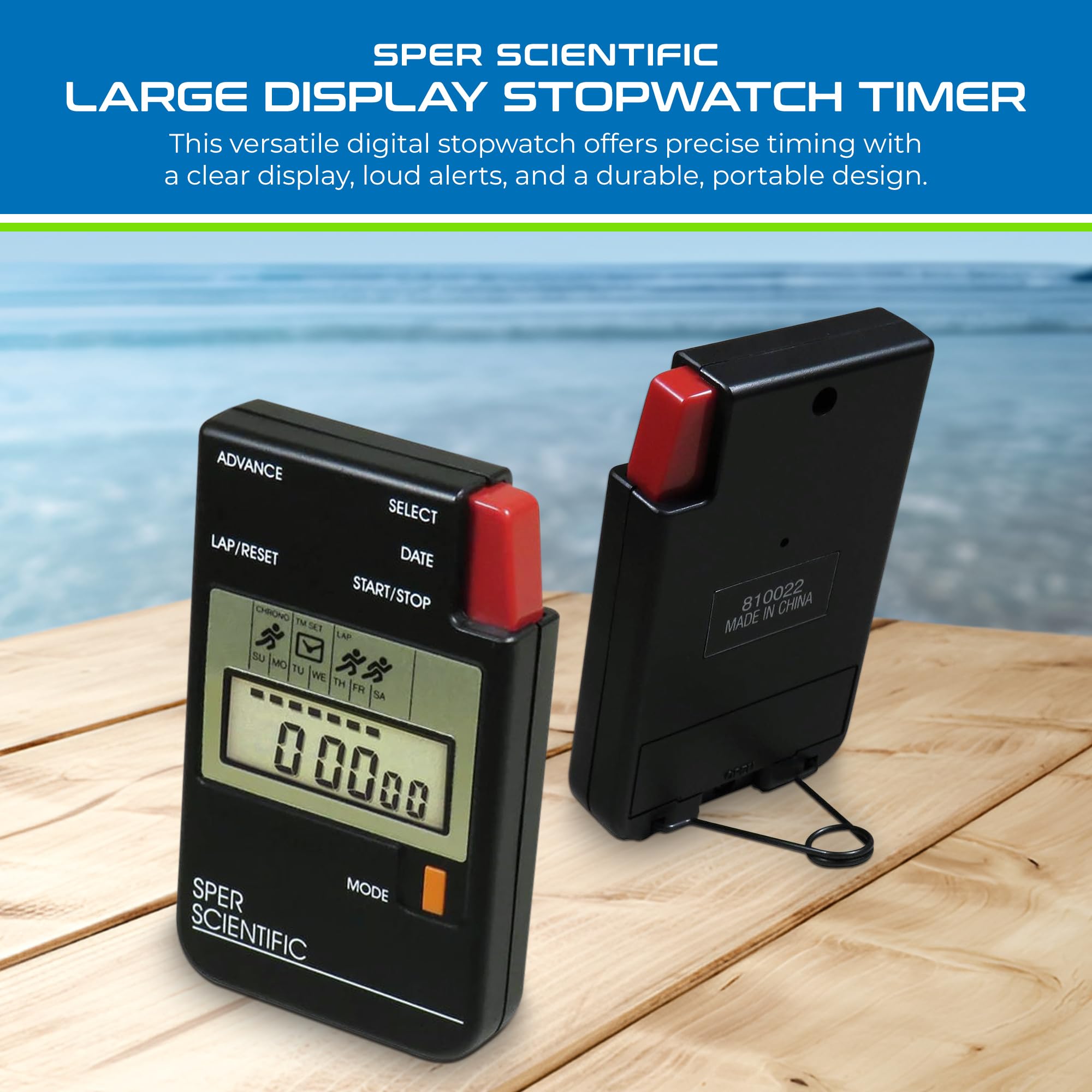 Sper Scientific Large Display Digital Stopwatch with Clock, Alarm & Countdown Timer - Easy-to-Read LCD Stopwatch for Labs, Classrooms, Sports, Cooking, Fitness Training & Outdoor Activities | Durable & Portable Scientific Timer