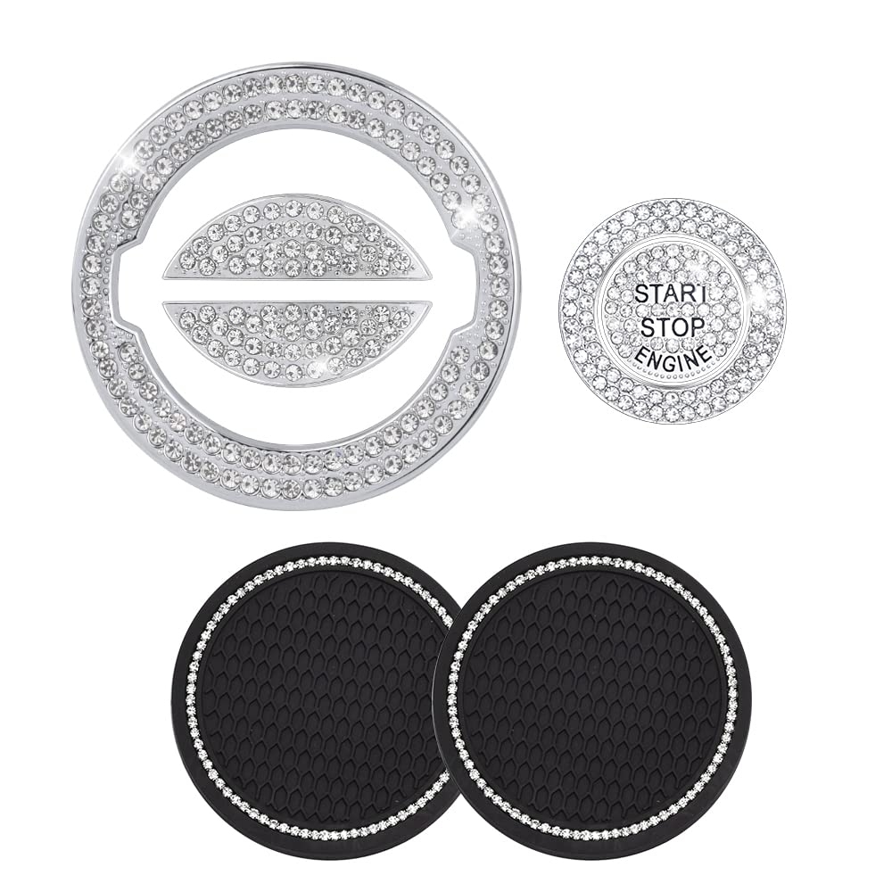 UHONSN 7-Piece Nissan Rogue Interior Accessories Set - Bling Steering Wheel Emblem, Decals & Crystal Zinc Alloy Engine Start/Stop Button Covers (Silver) - Perfect for Car Customization & Personalization