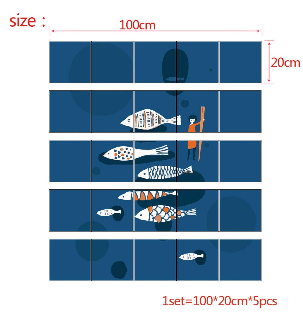 Hand-Painted Koi Fish Tile Stickers - 3D Retro Waterproof Floor & Wall Decals - DIY Non-Slip Vinyl Stickers (100cm x 20cm, 5-Pack) for Bathroom, Kitchen Backsplash, Pool Deck & Home Decor