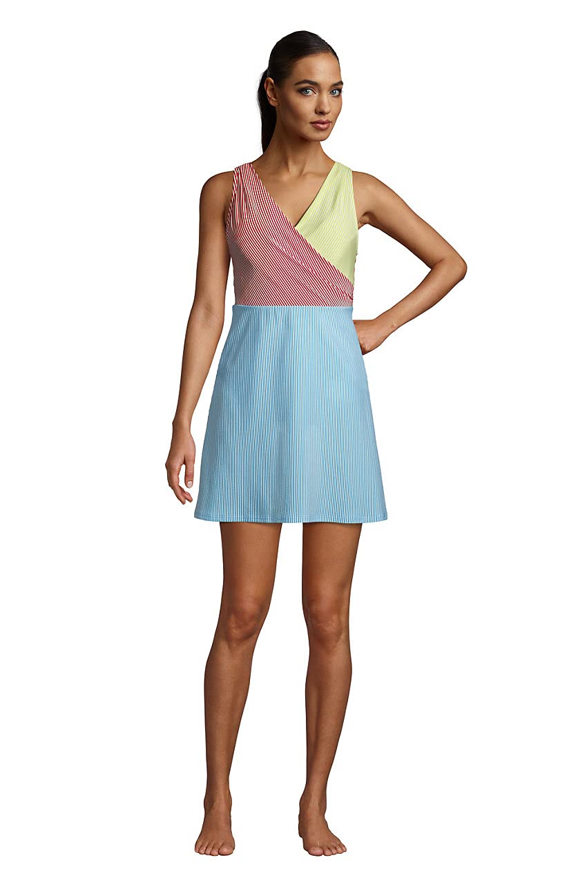 Lands' End Women's Tummy Control Surplice Wrap Swim Dress One Piece Swimsuit - Slimming Bathing Suit for Beach, Pool & Vacation | Plus Size Swimwear with Built-in Shapewear