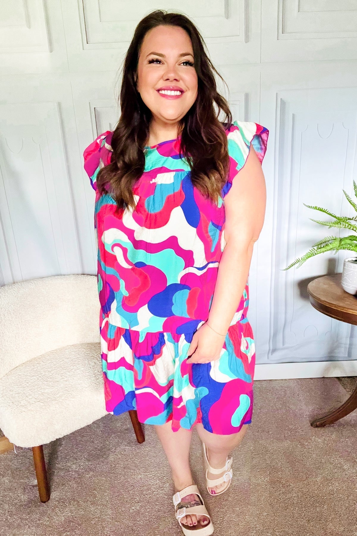 Go For Fun Fuchsia Geo Print Tiered Ruffle Sleeve Woven Dress for Women | Summer Casual Party Wear | Perfect for Beach Vacations, Date Nights & Outdoor Events