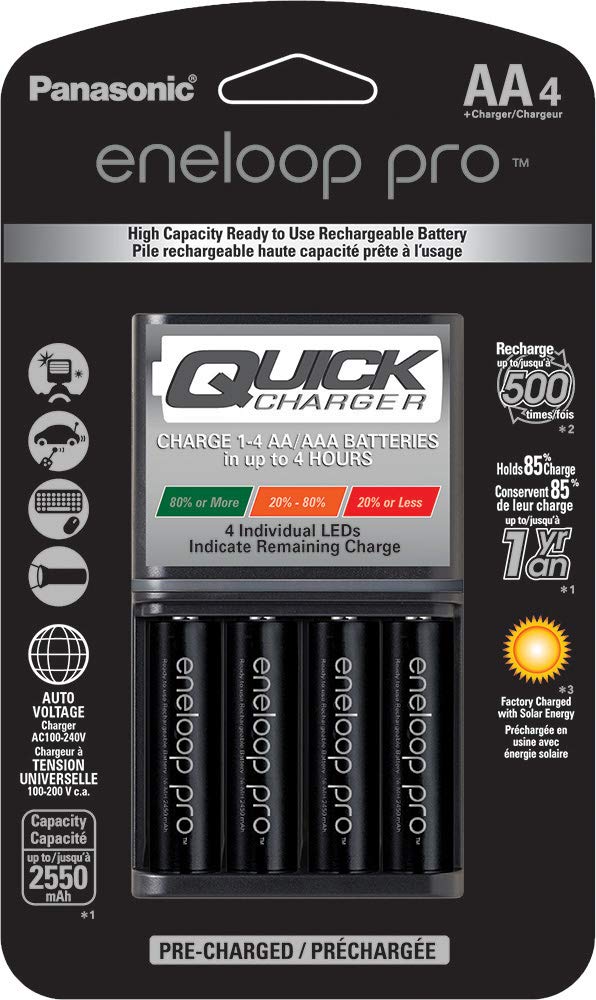 Panasonic Eneloop Pro K-KJ55KHC4BA 4-Hour Quick Charger with 4AA Ni-MH Rechargeable Batteries & BK-3HCCA4BA High Capacity Pre-Charged AA Batteries (4-Pack) - Perfect for Digital Cameras, Gaming Controllers, and Smart Home Devices