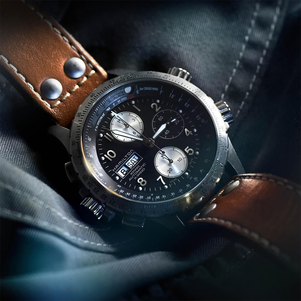 Khaki Aviation X Wind Automatic Chronograph Watch 44mm - Black Dial with Leather Strap for Men | Pilot & Casual Wear | Perfect for Aviation Enthusiasts & Everyday Use