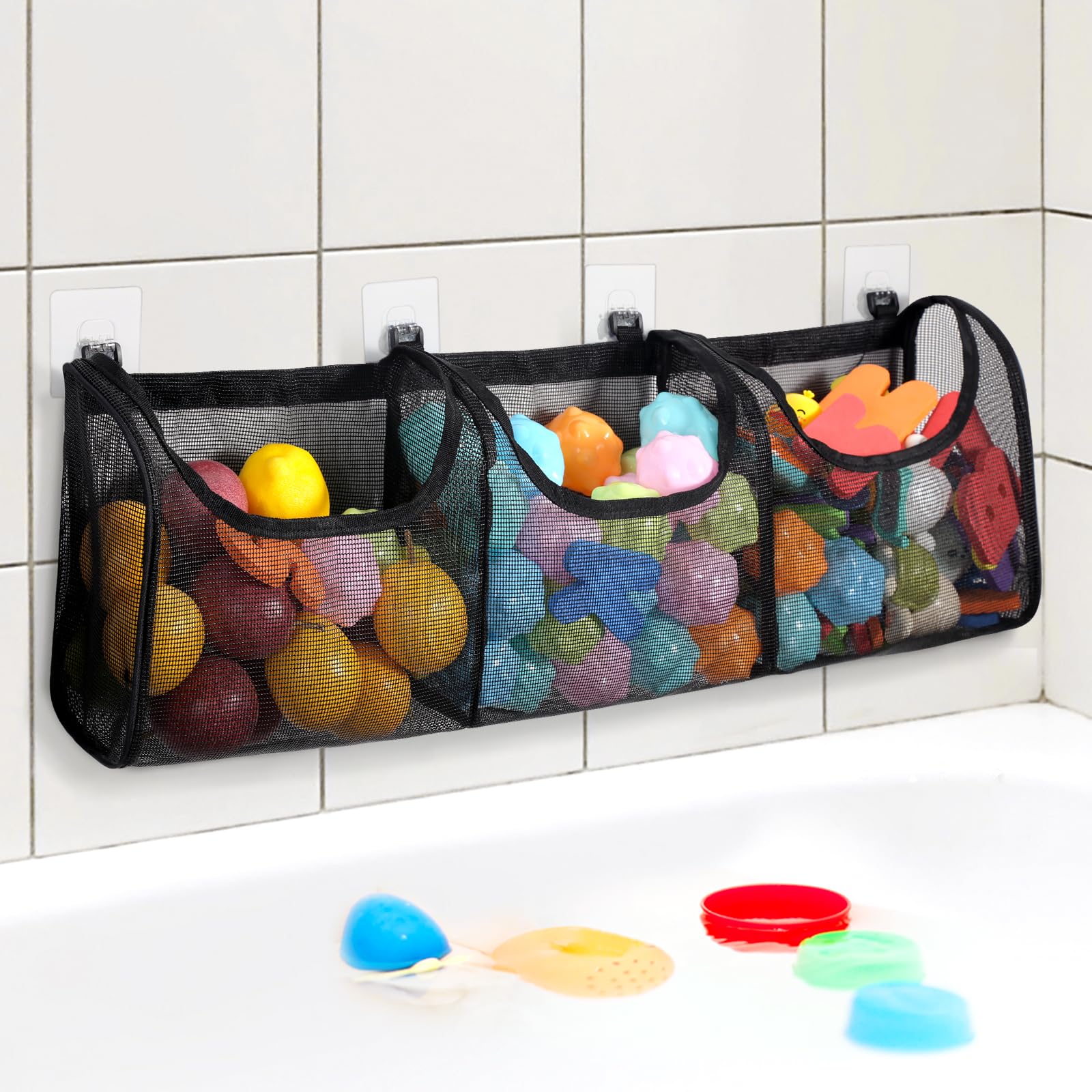 Goowin Bath Toy Organizer - 3 Compartment Large Openings Toy Holder for Kids Bath Time, High Capacity Bathtub Storage for Easy Access & Sorting (Black) - Perfect for Bathroom Organization & Toddler Playtime