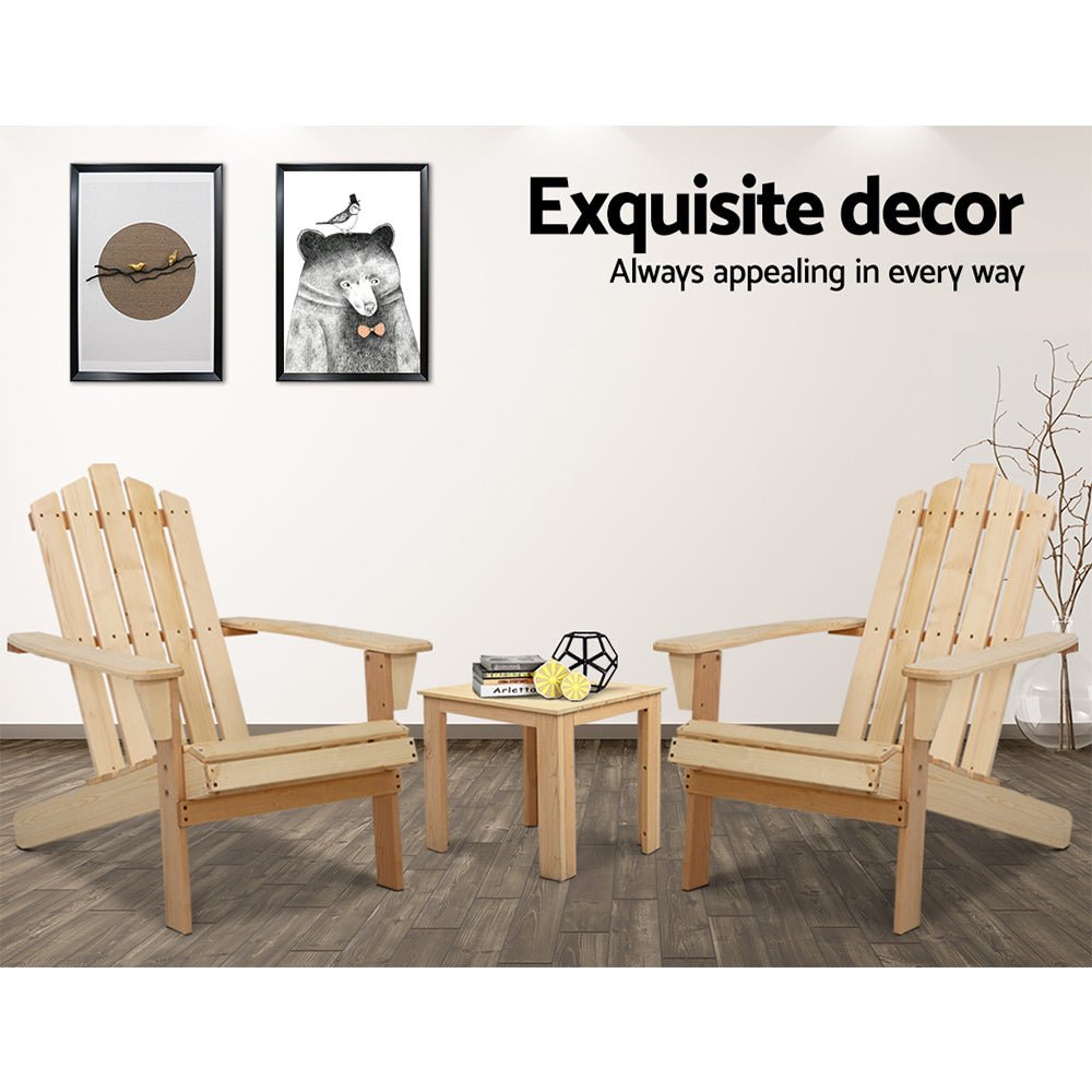 3PC Natural Wood Adirondack Outdoor Table and Chairs Set - Patio, Garden, Beach Furniture for Relaxing in Backyard or Seaside
