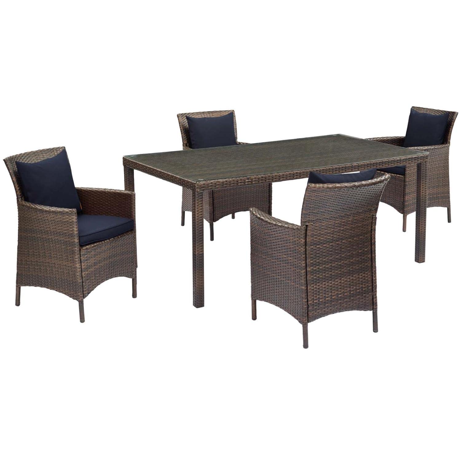 Modway EEI-3892-BRN-NAV-SET 5-Piece Outdoor Patio Dining Set - Brown & Navy Weather-Resistant Wicker Furniture for Backyard, Garden, Poolside or Deck