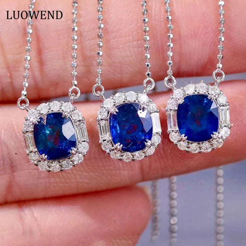 18K White Gold Natural Blue Sapphire Pendant Necklace - Shiny Gemstone Luxury Diamond Jewelry for Women - Perfect for Senior Banquet, Wedding & Special Occasions
