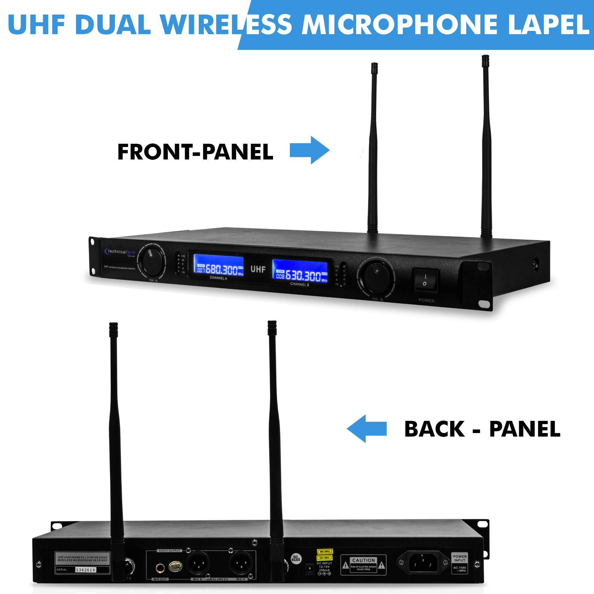Professional UHF Wireless Microphone System - Dual Lapel & Headset Mics with XLR, LCD Display & LED Meter for Live Performances, Public Speaking, Church Services & Events