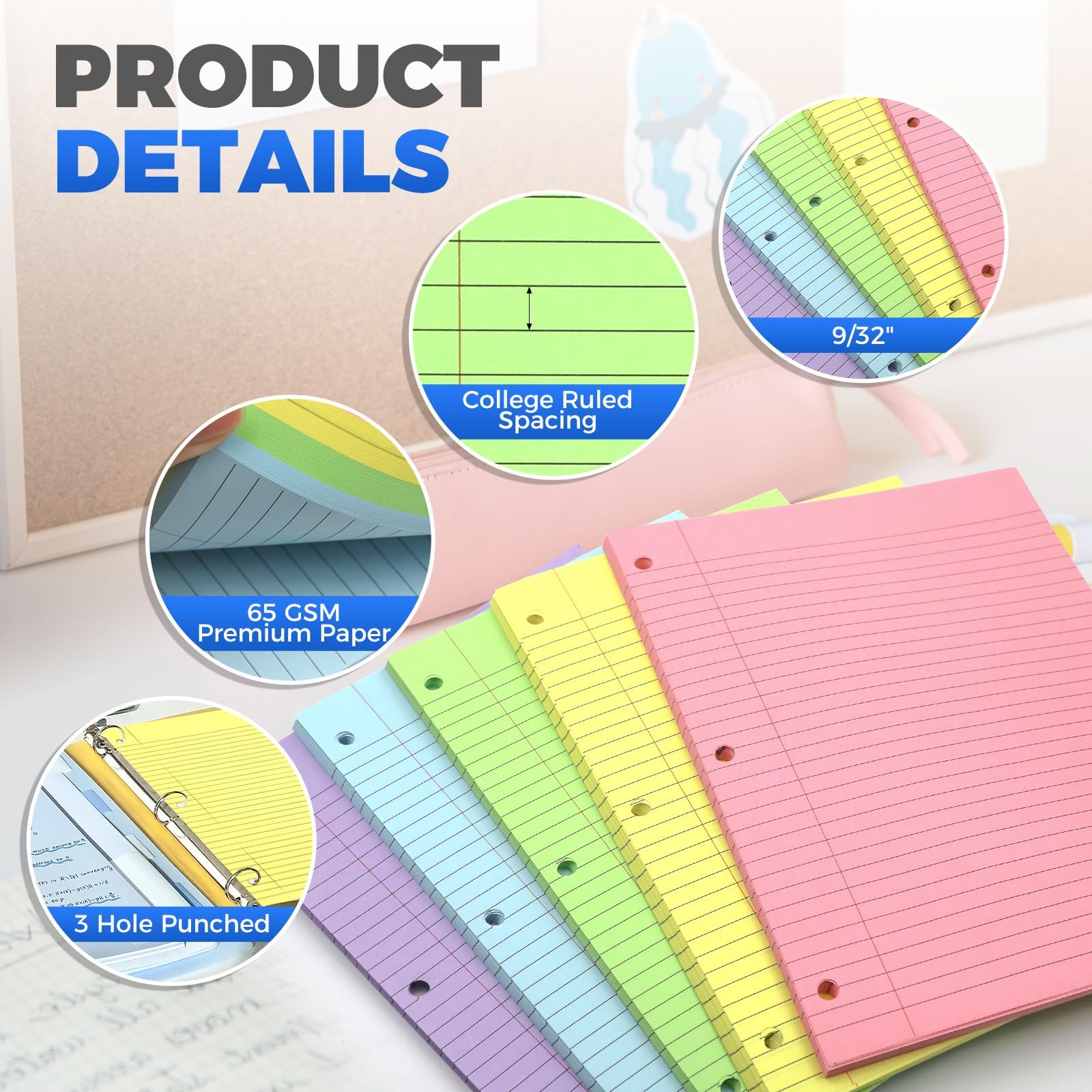 300 Sheets Colorful College Ruled Loose Leaf Paper - 3-Hole Punched 8