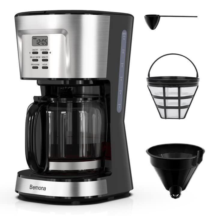 12-Cup Programmable Drip Coffee Maker with Glass Carafe & Permanent Filter - Auto Keep Warm, Water Window - Perfect for Home, Office & Restaurants - Black Coffee Machine