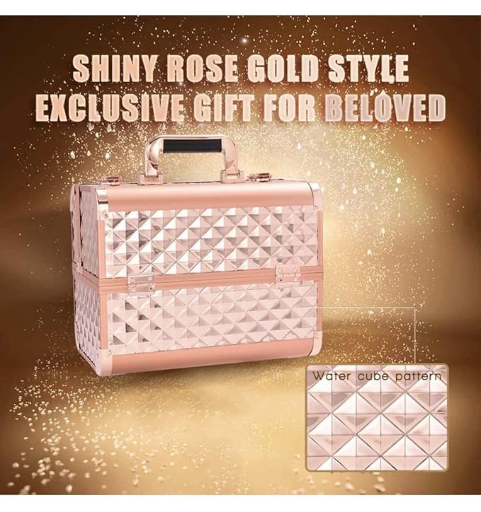Professional Beauty Makeup Cosmetic Vanity Case - Diamond Cut Rose Gold Travel Organizer for Makeup Brushes & Cosmetics | Perfect for Home, Salon & Travel Use