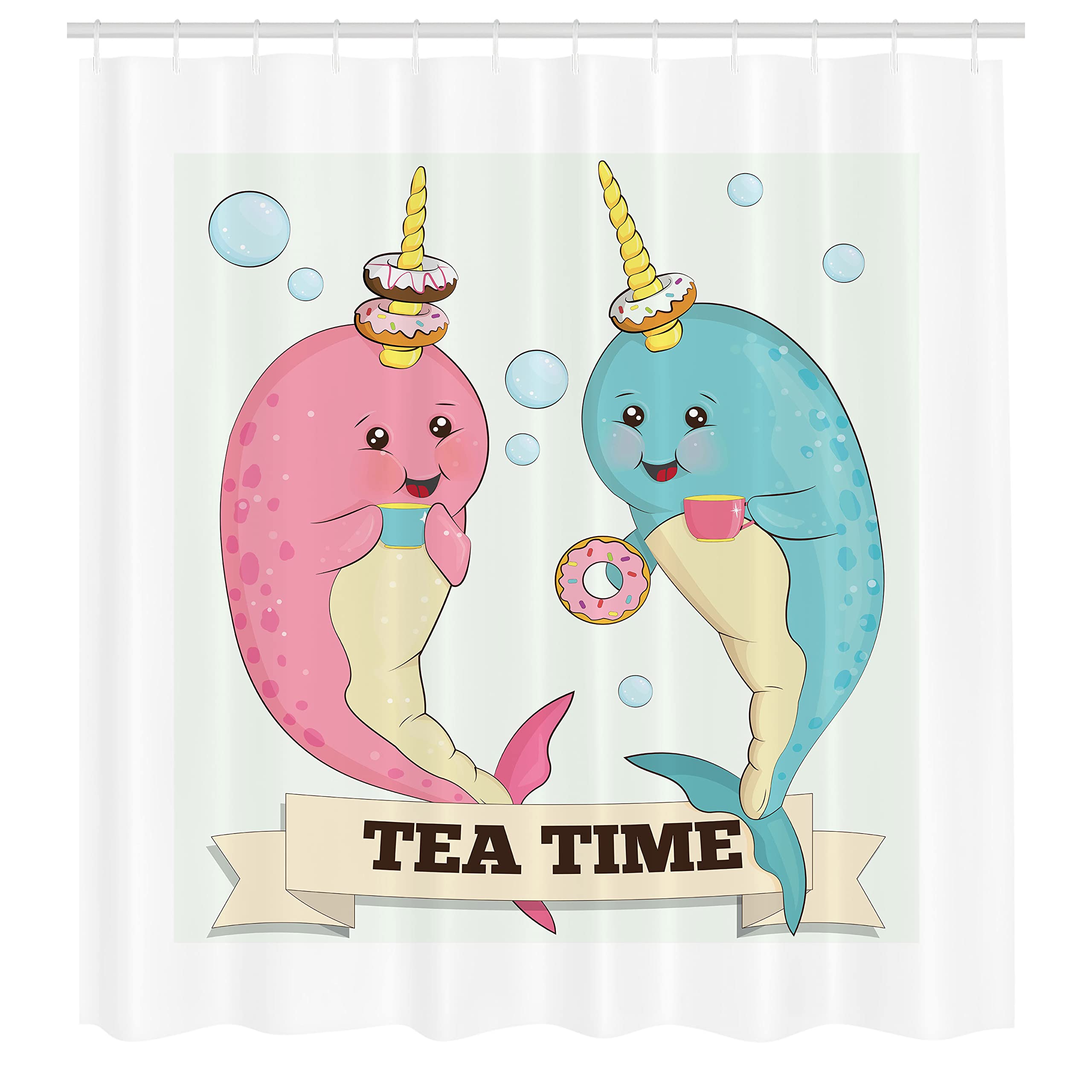 Ambesonne Narwhal Shower Curtain - Tea Drinking Whales Ocean Unicorn with Abstract Bubbles Design, 69x70 Inch Waterproof Fabric Bathroom Decor with Hooks - Perfect for Kids' Bathroom, Beach Theme Decor, and Unicorn Lovers (Pale Pink & Blue)