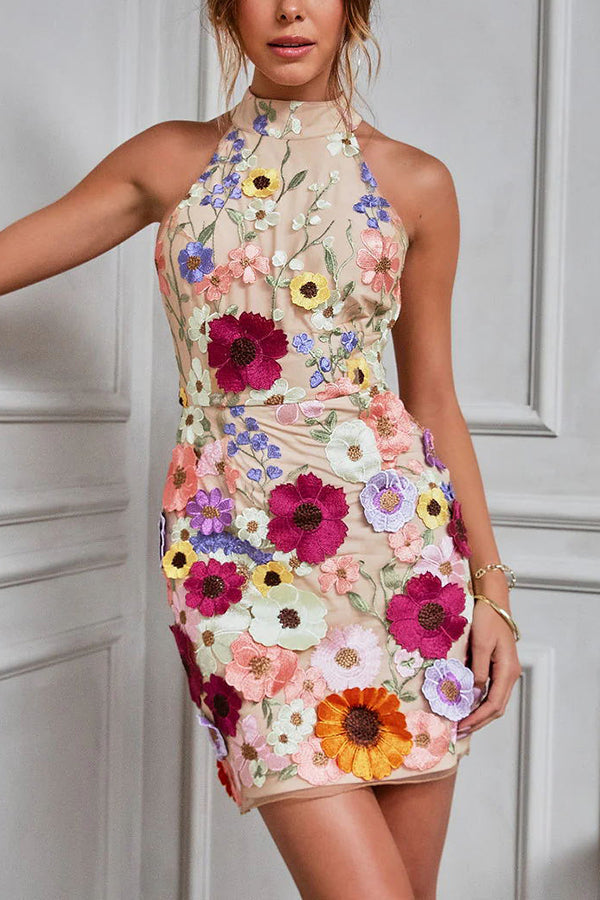 Floral Applique Halter Mini Dress - Elegant Summer Party Dress for Women | Perfect for Weddings, Beach Vacations & Date Nights