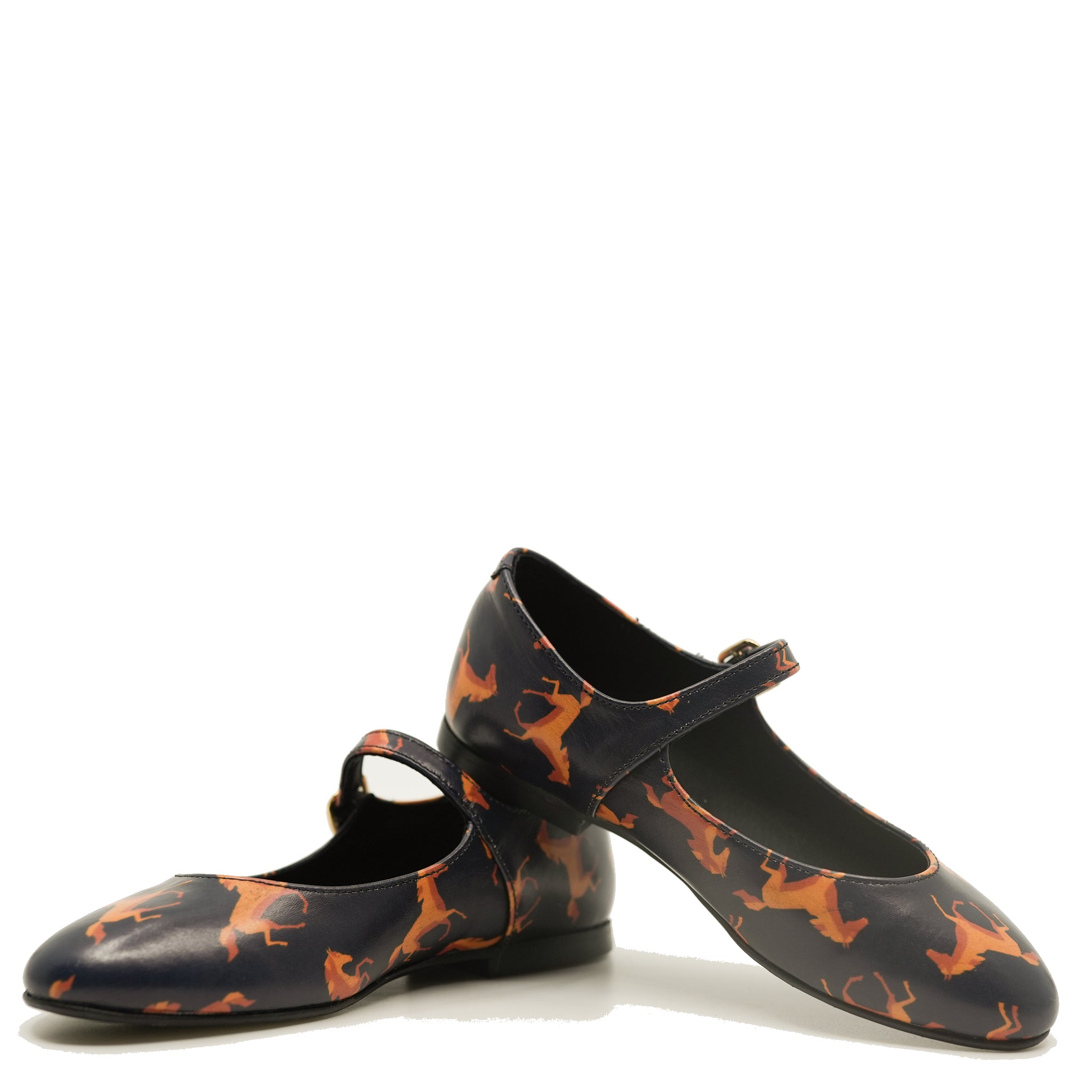 Blublonc Navy Blue Horse Print Mary Jane Shoes for Girls - Cute & Comfortable Flats for School, Party, and Everyday Wear