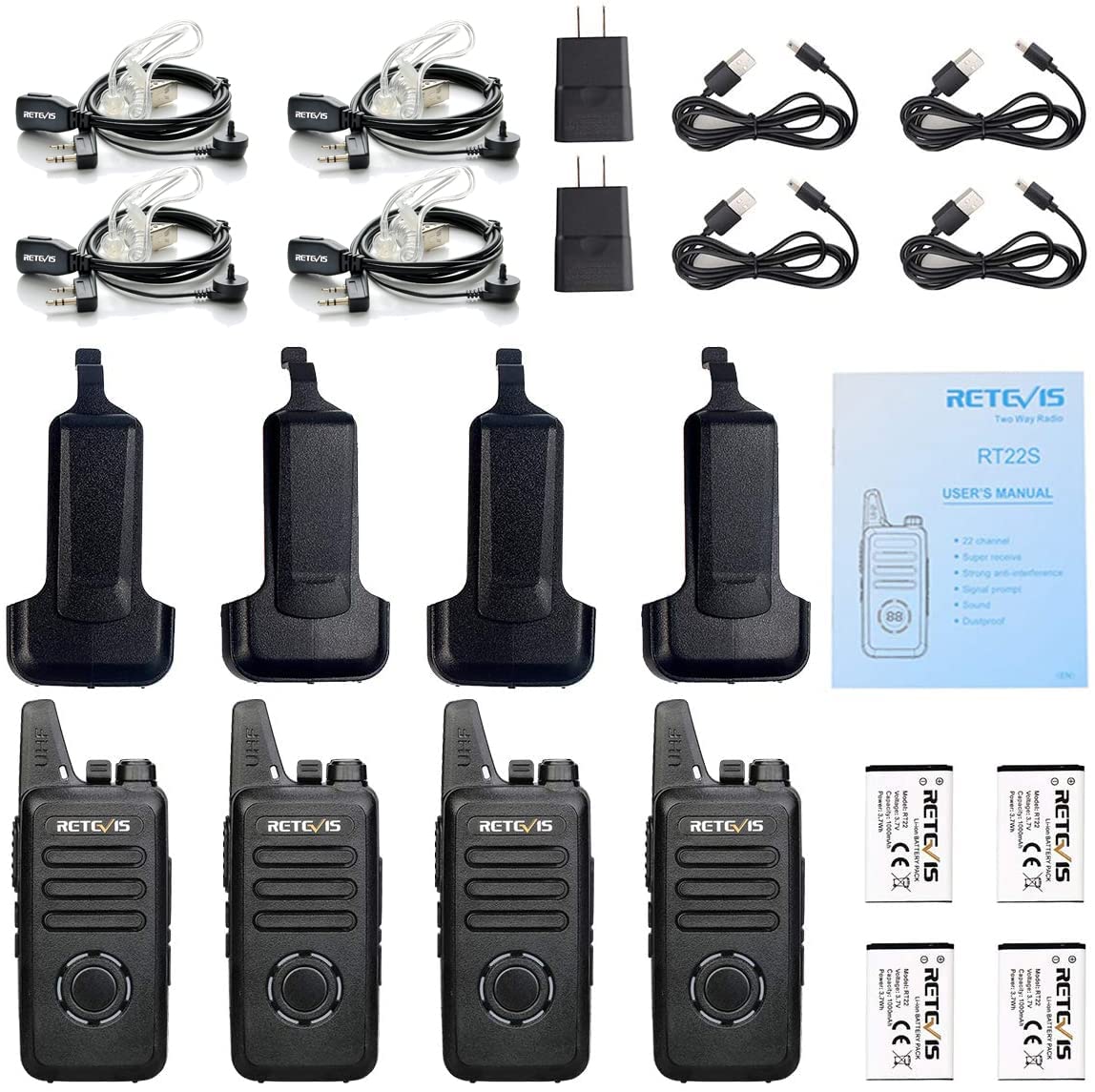 Retevis RT22S Rechargeable Long Range Walkie Talkies - 2 Way Radios with Headset, Channel Display, Lock Function, Emergency Alarm & VOX - Ideal for Family Events, Skiing, Camping & Retail Stores (4 Pack)