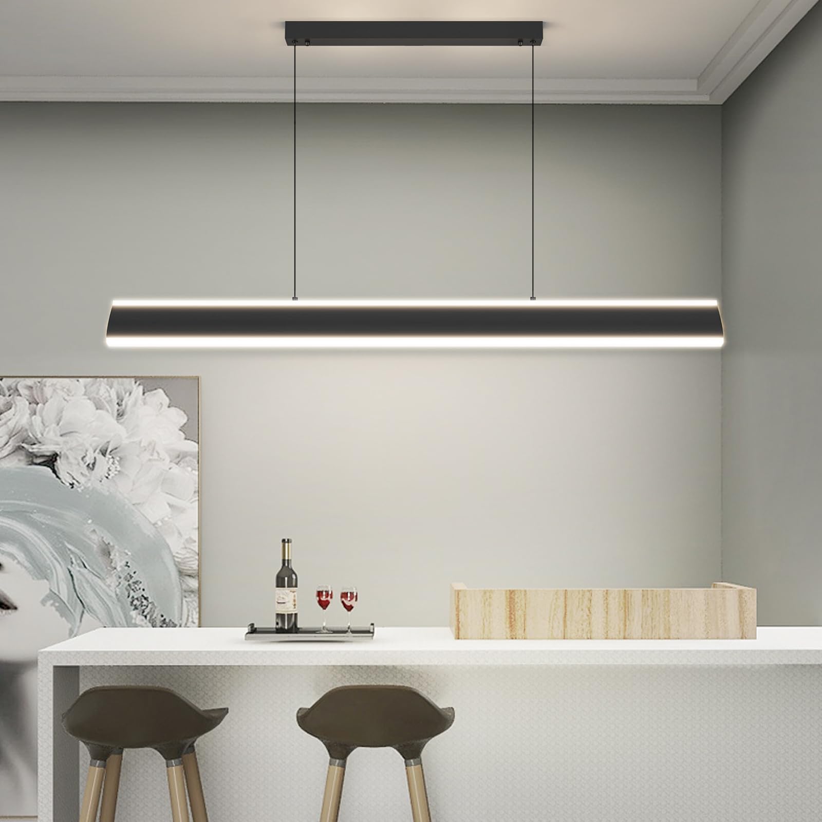 Modern Black Linear Pendant Lights - Dimmable LED Chandelier for Kitchen Island, Dining Room & Office - Adjustable Height Ceiling Light for Billiard Room, Pool Table & Bar Decor - Perfect for Contemporary Home & Commercial Spaces