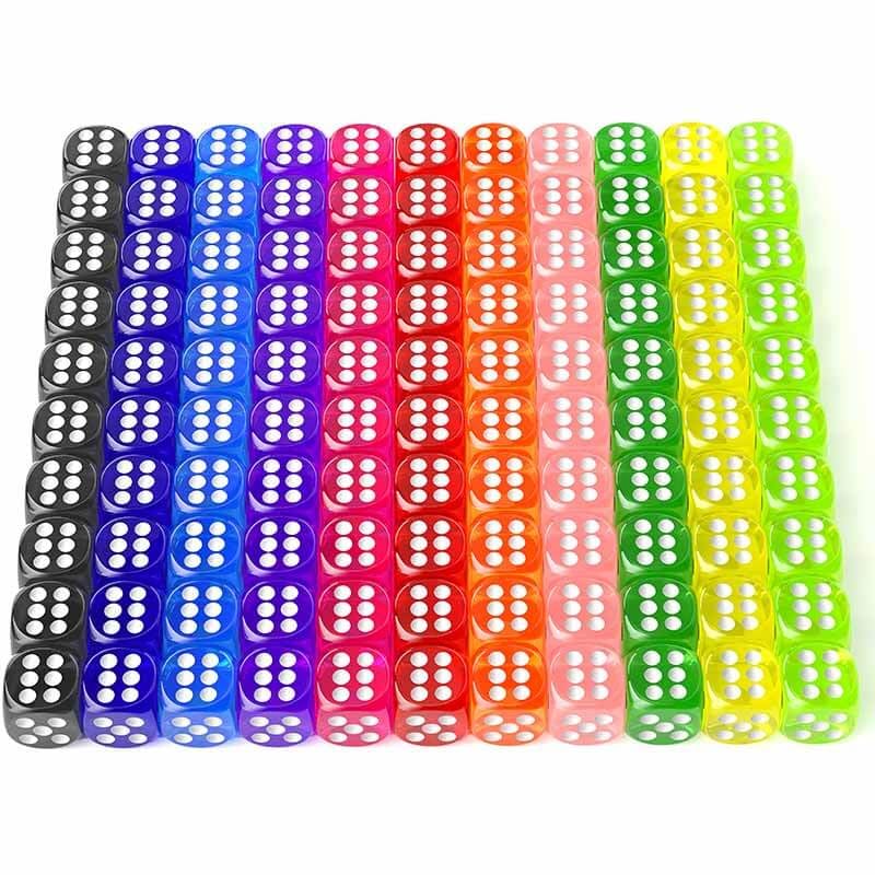 110-Piece Multicolor Dice Set - 11 Vibrant Colors (Red, Yellow, Blue, Green) for Board Games, Math Teaching, D&D, Casino Nights & Family Game Nights - Bulk Six-Sided Dice for Classroom, Parties & Tabletop Gaming