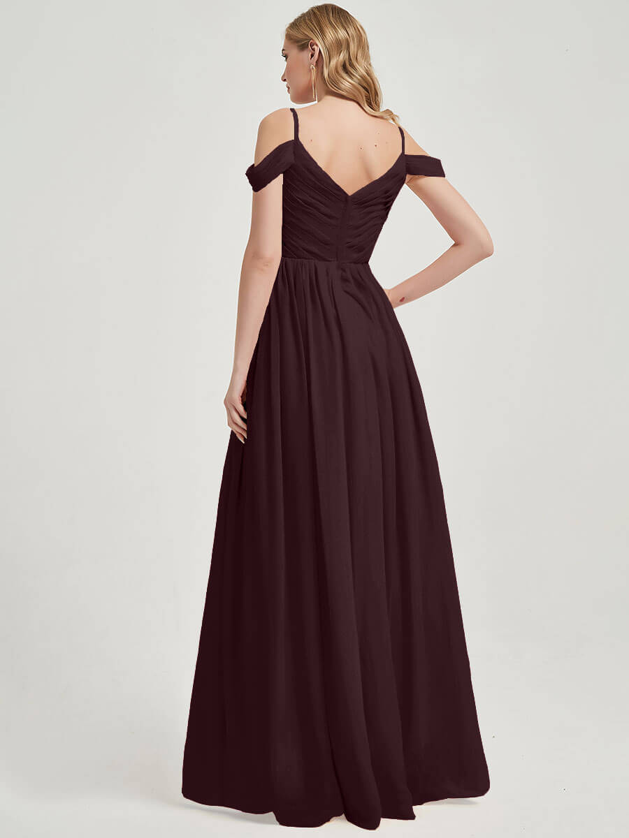 Elegant Cabernet Cold Shoulder Spaghetti Straps Pleated Chiffon Bridesmaid Dress for Weddings, Parties & Formal Events
