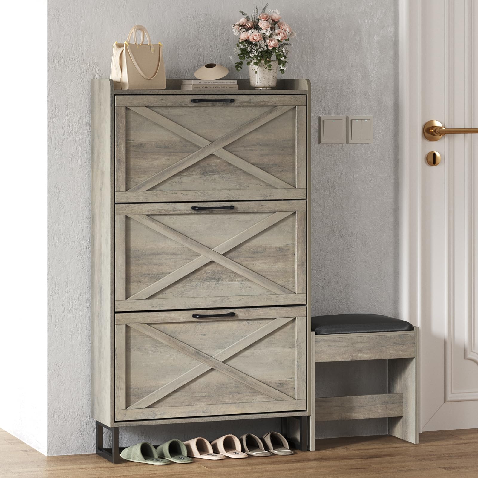 Maupvit 3-Tier Flip Drawer Shoe Storage Cabinet - Freestanding Farmhouse Organizer with Bench Seat & Cushion, Slim Narrow Shoe Rack with Metal Legs for Entryway, Hallway or Bedroom - Grey