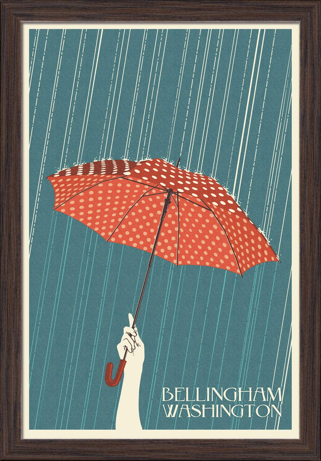 Bellingham Washington Umbrella Letterpress Art Print - 16x24 Giclee Fine Art, Recycled Wood Frame in Espresso Brown - Perfect for Home Office Decor & Pacific Northwest Wall Art