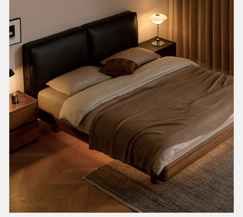 Solid Black Walnut Wood Leather Upholstered Suspended Bed with LED Lighting - Perfect for Modern Bedroom, Guest Room, and Luxury Home Decor