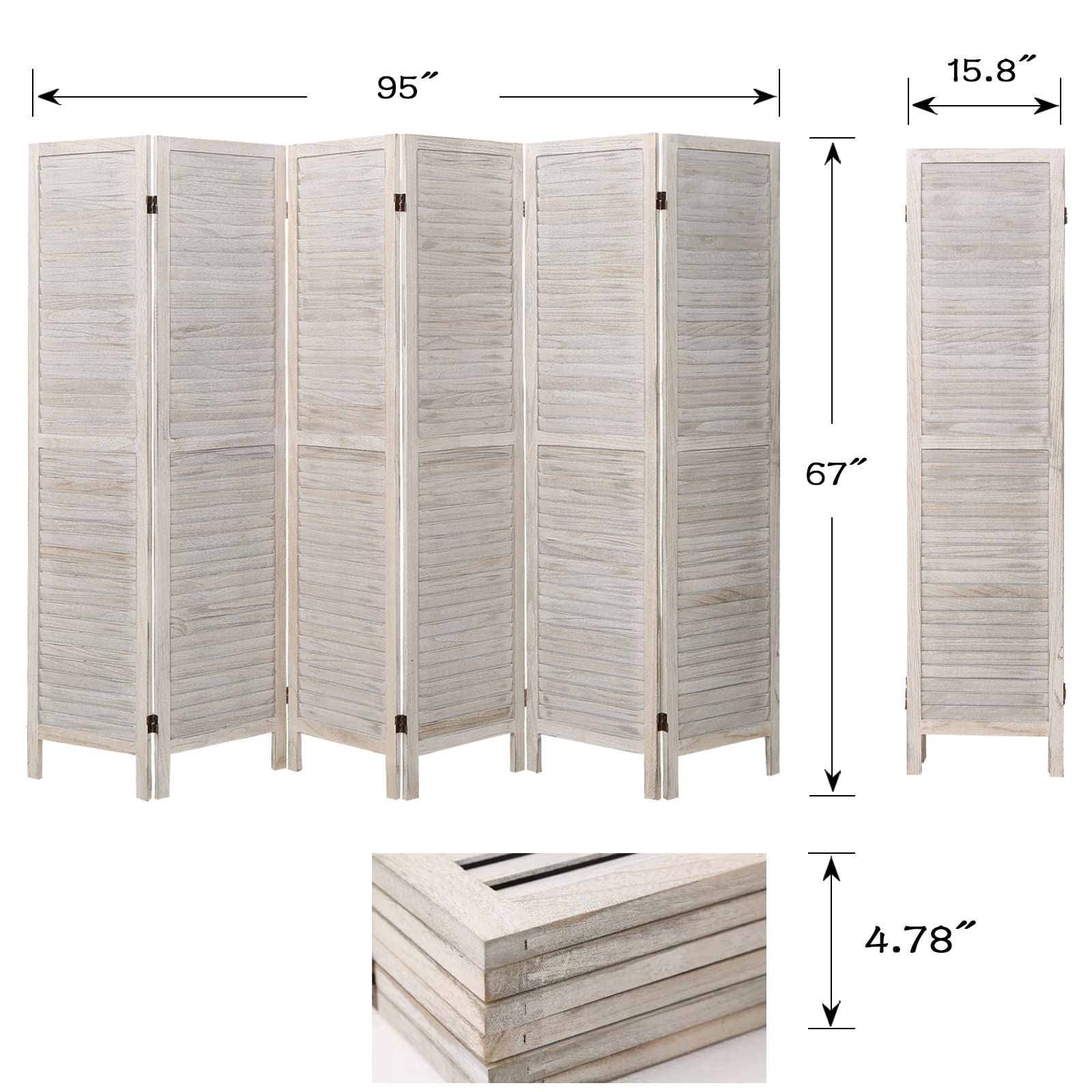 ECOMEX 6 Panel Wood Room Divider - 5.6Ft Tall Folding Privacy Screen with Louvered Design - Freestanding Partition for Home Office, Restaurant & Bedroom (White) | Perfect for Space Division, Room Separation & Decoration
