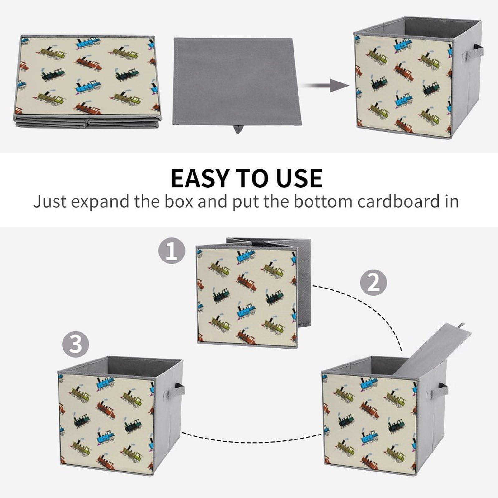 Retro Steam Train Fabric Storage Bins - Pack of 2 Foldable Organizers for Clothes & Toys